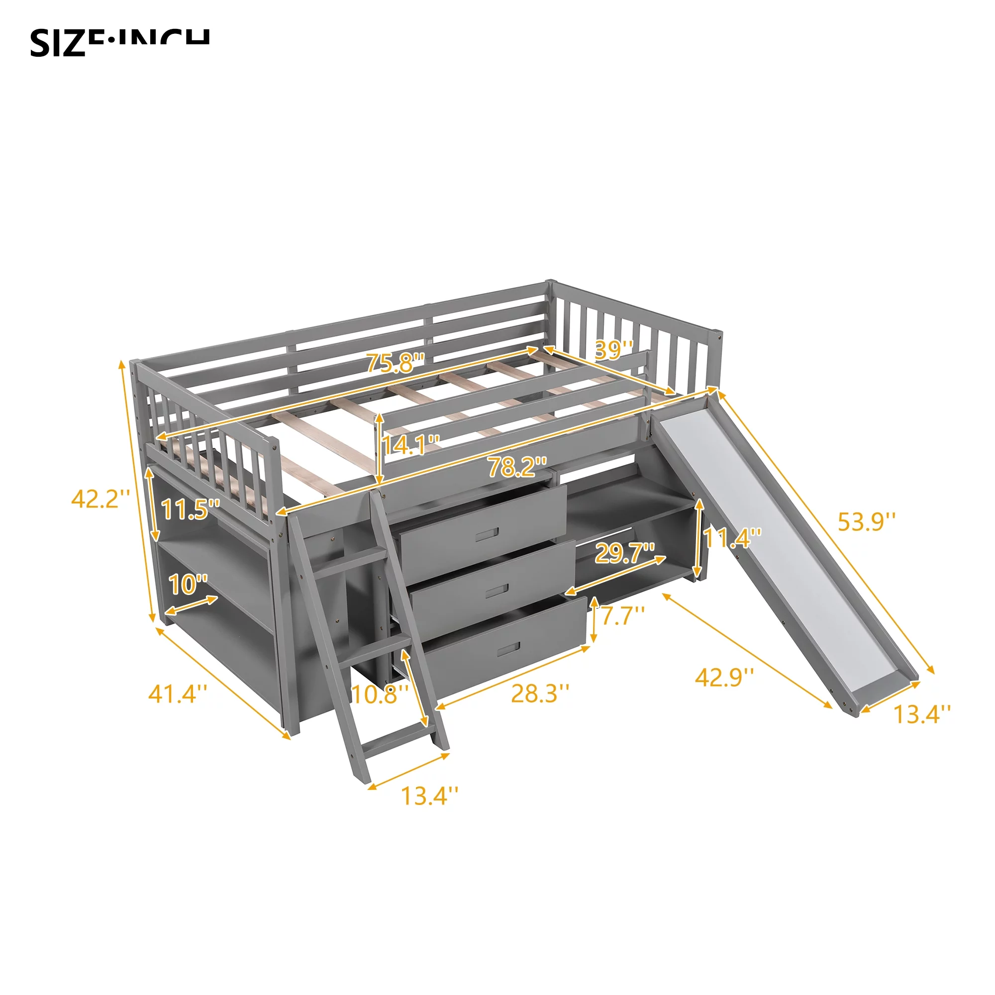 Euroco Wood Twin Size Low Loft Bed with Bookcase, Drawers, Ladder and Slide, Gray