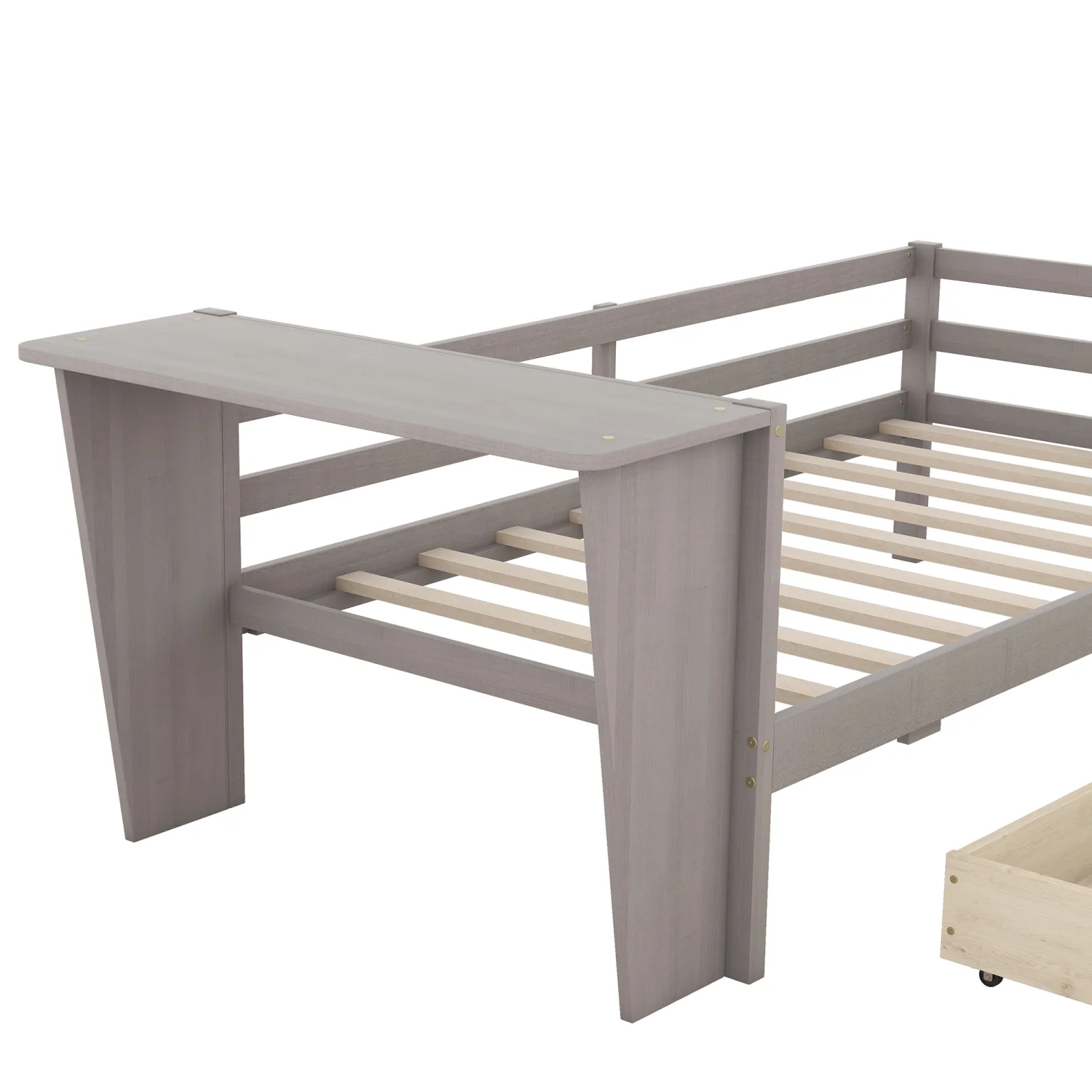 Churanty Twin Size Daybed with Storage Drawers and Desk,Wood Twin Bed Frame with Green Leaf Shape Shelves for Kids Bedroom,Gray