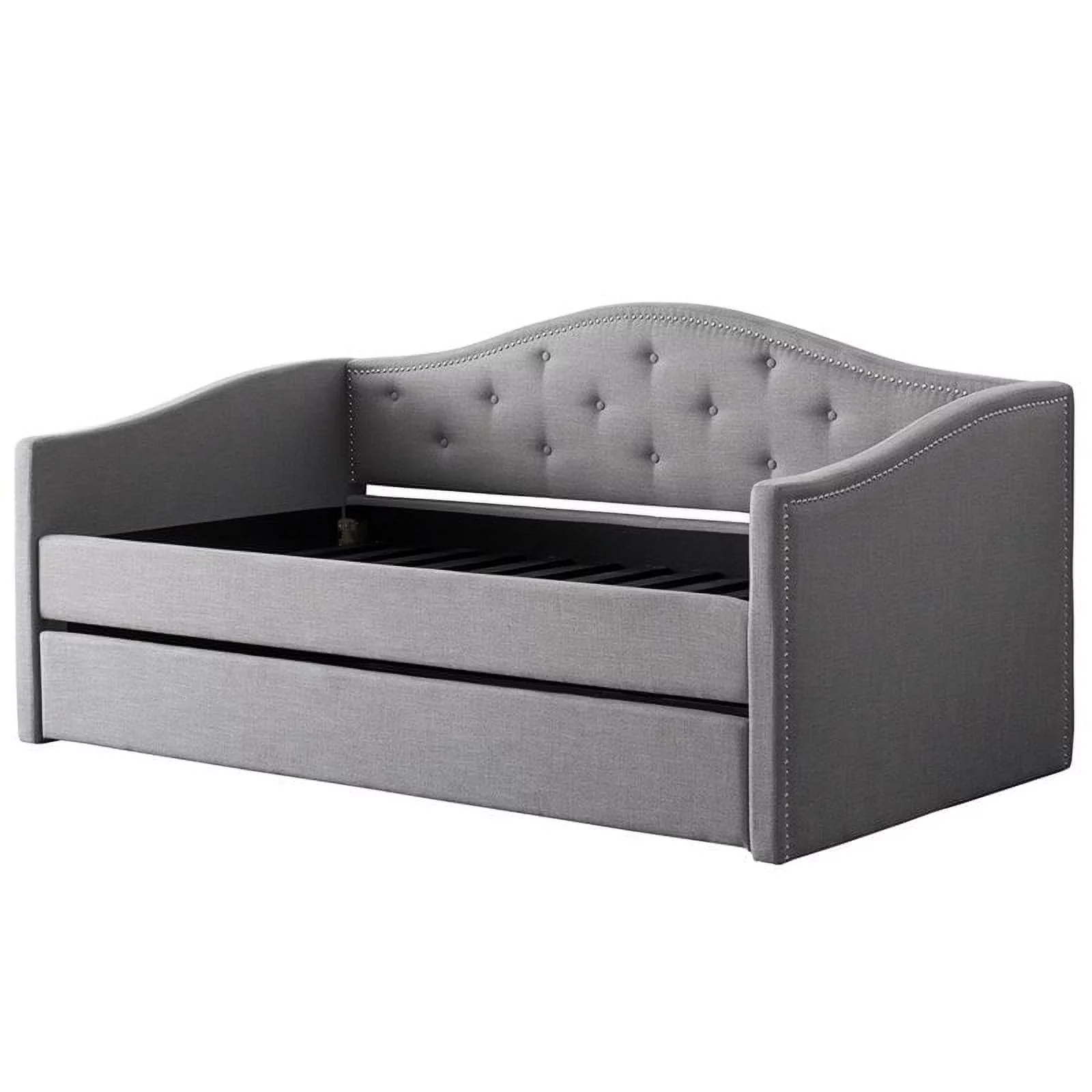 Pemberly Row Transitional Light Gray Tufted Fabric Day Bed with Trundle