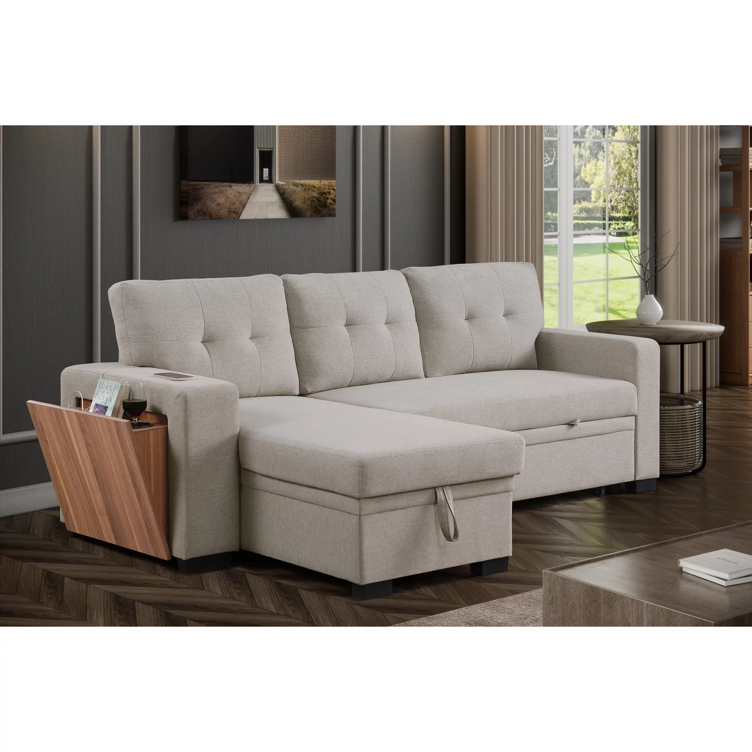 Devion Furniture Fabric Reversible Modern Side Compartment Sleeper Sectional Sofa Bed-Light Gray