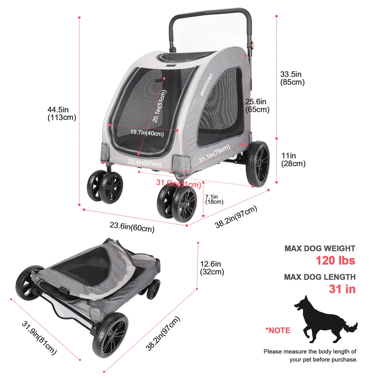 Wedyvko Dog Stroller for Medium Large Dogs - Foldable Jogger 4 Wheels Pet Stroller with Adjustable Handle for Small to Large Dogs and Other Pet Travel (Gray and Dark Gray)