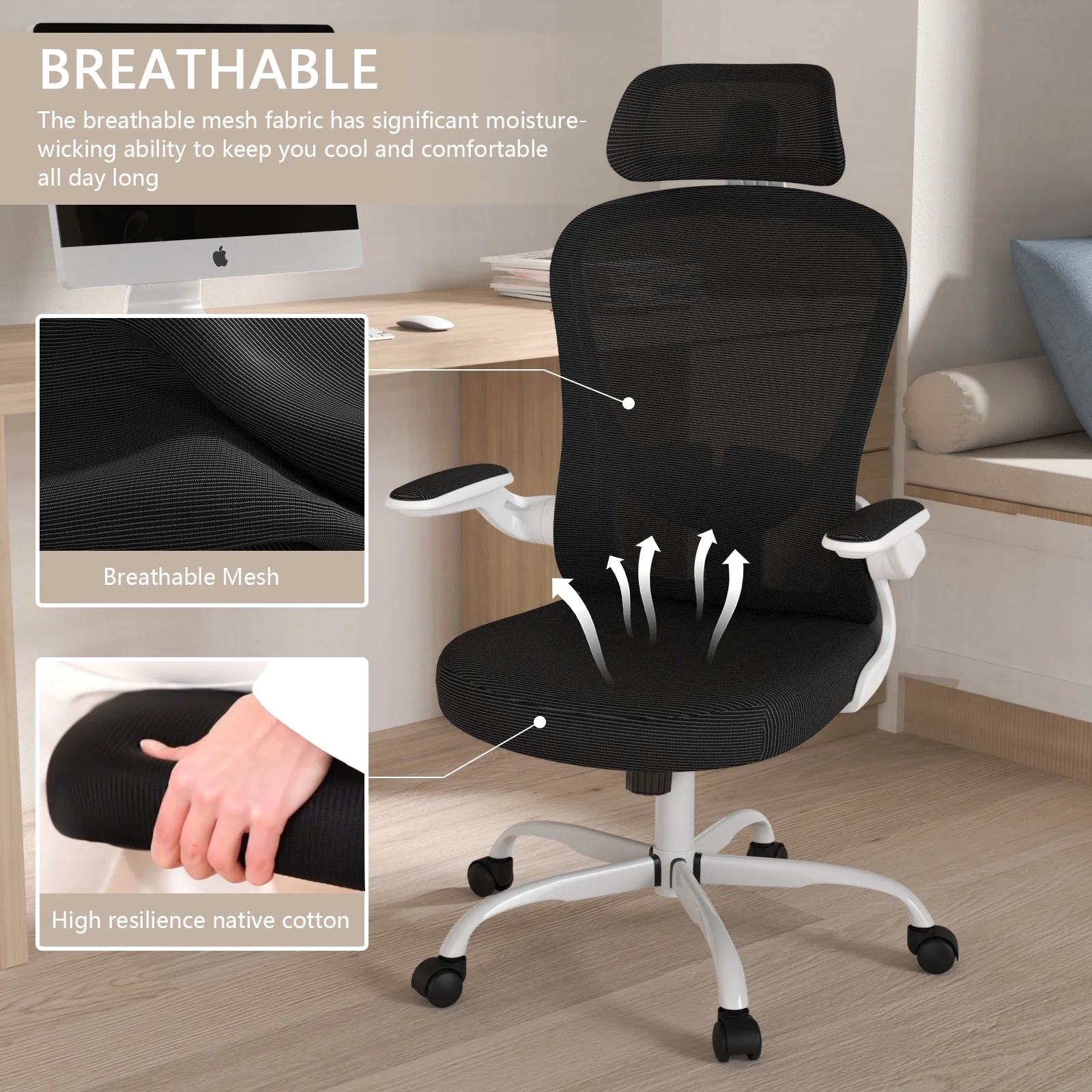 Lioncin High Back Ergonomic Desk Chair Office Chair, Breathable Mesh Desk Chair with Adjustable Lumbar Support and Headrest,White