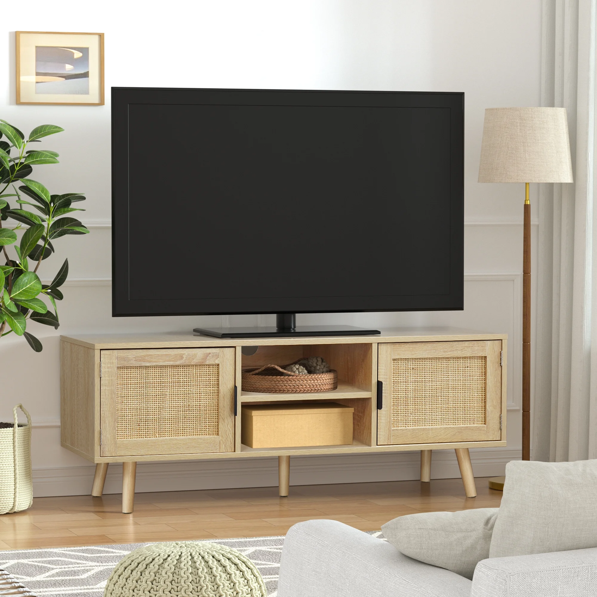 Eumyviv Farmhouse TV Stands for 55 Inch TV,Wood Media Entertainment Center Cabinet Console Table with 2 Rattan Doors, Natural Oak, H0015