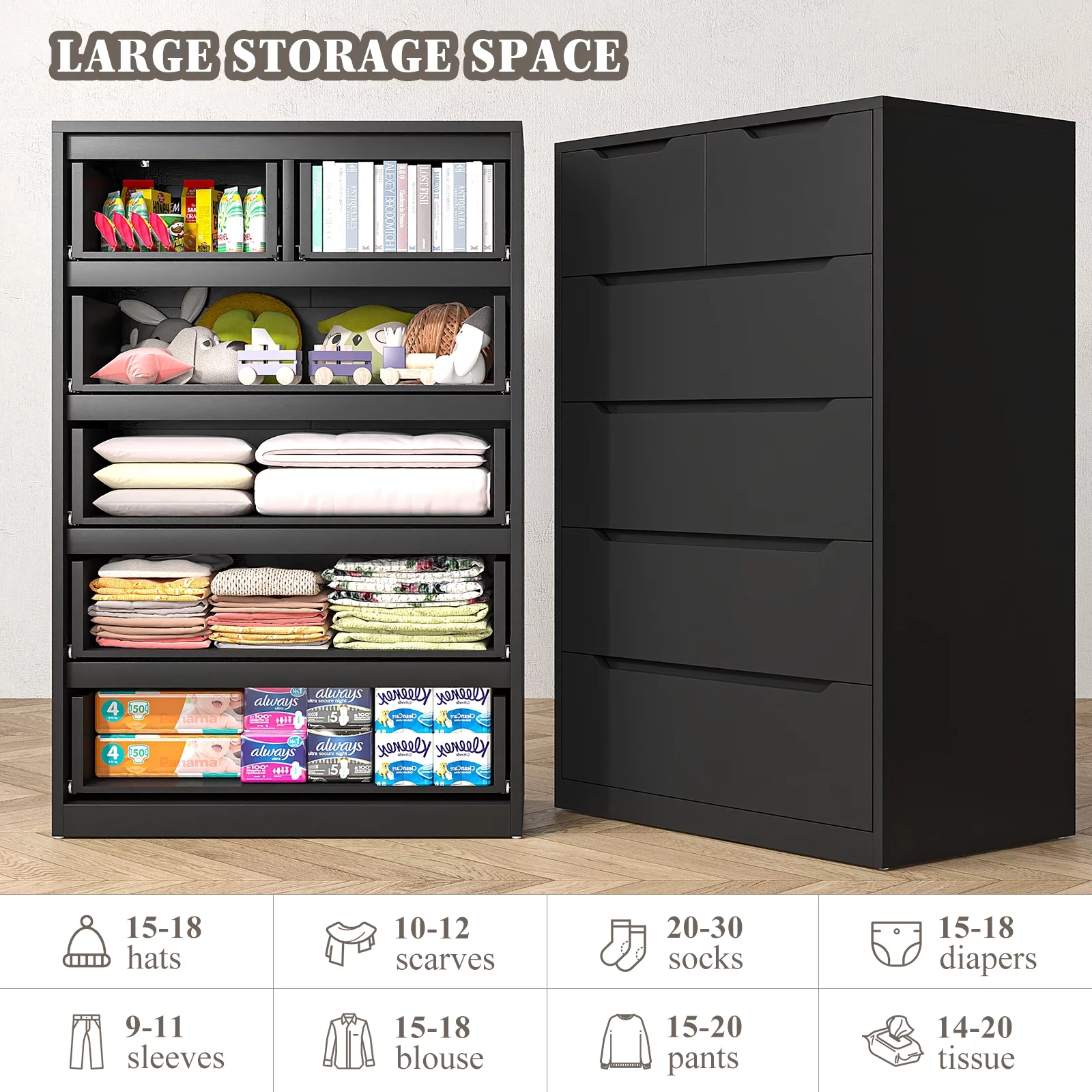 EnHomee Black Tall Dresser Wood 6 Drawer Dressers for Bedroom Wood Chest of Drawers with Smooth Metal Rail Large Dresser Modern Storage Cabinet for Home Office Living Room, 43.3