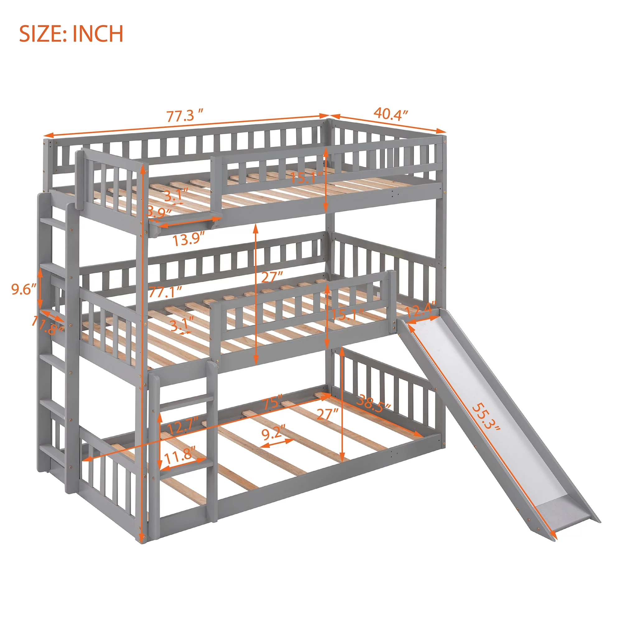 Bellemave Triple Bunk Bed with Slide, Wood Twin over Twin over Twin 3 Bunk Bed with 2 Built-In Ladders, Convertible Triple Beds for Kids, Teens, Boys & Girls (Gray)