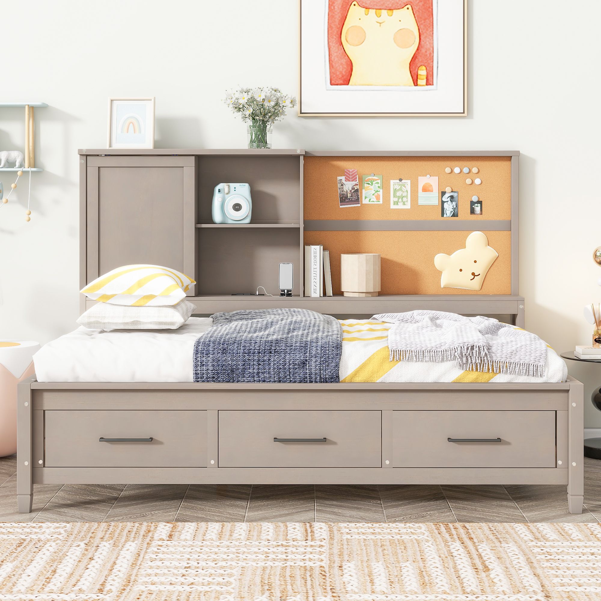 Twin Size Solid Wood Bed Frame with Storage Shelves, Cork Board, USB Ports and 3 Drawers, Platform Bed Frame, Mid Century Bedframe, Wood Lounge Daybed, Wood Foundation(Antique Gray, Twin)