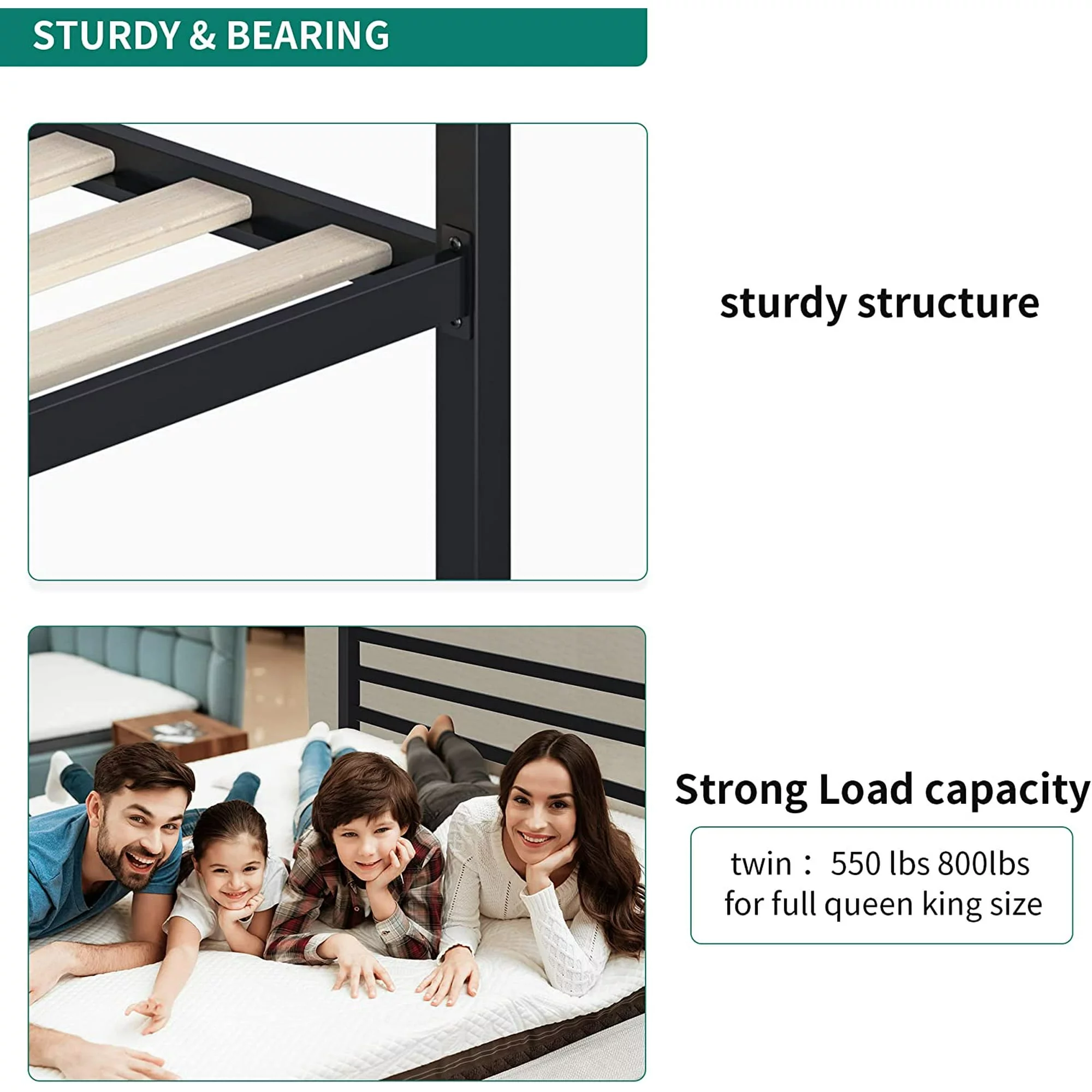 Dextrus King Size Black Canopy Bed Frame with Headboard, Mattress Foundation with Wooden Slats and Steel Structure, No Box Spring Needed