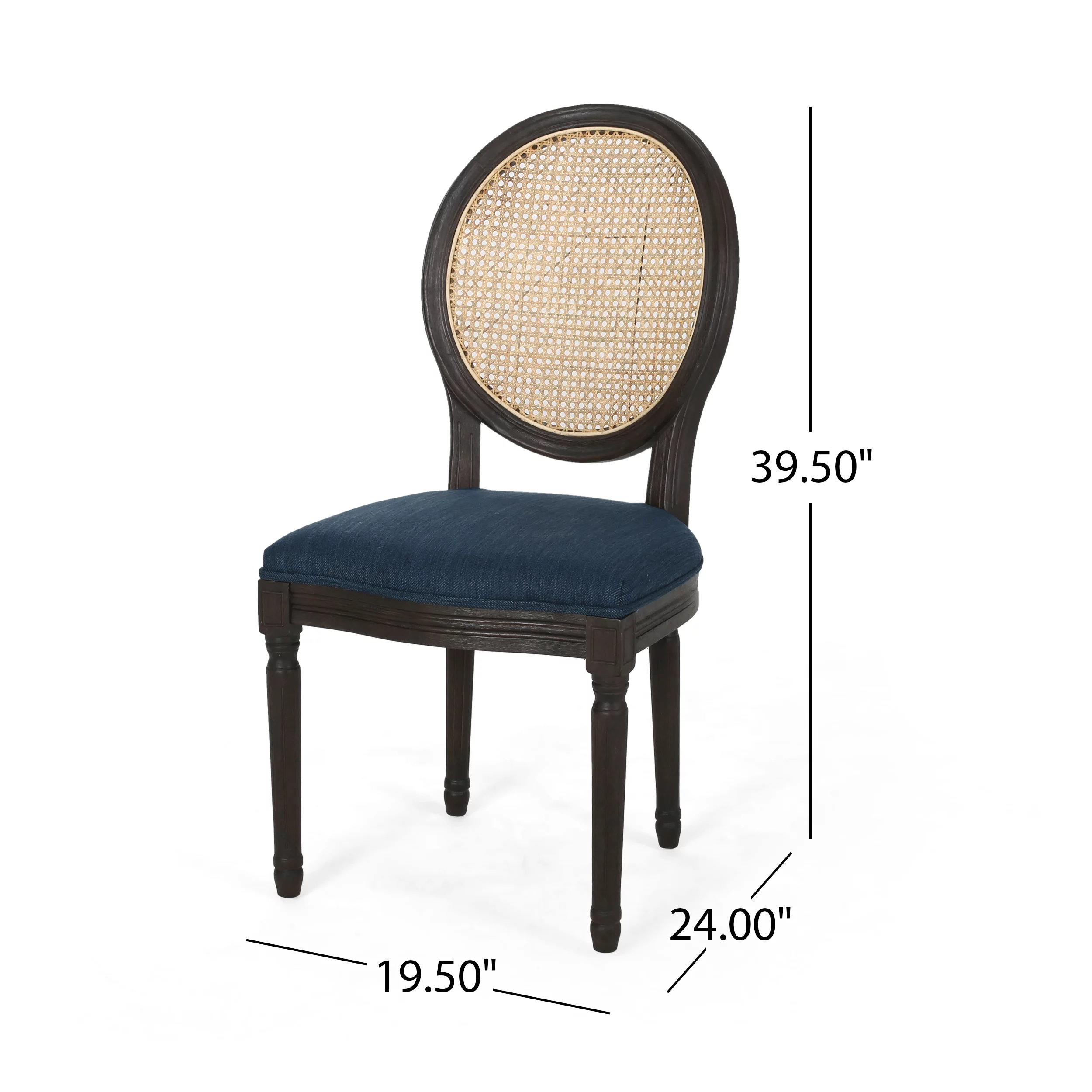 GDF Studio Towner French Country Fabric Wood and Cane Dining Chairs, Set of 2, Navy Blue, Natural, and Dark Brown