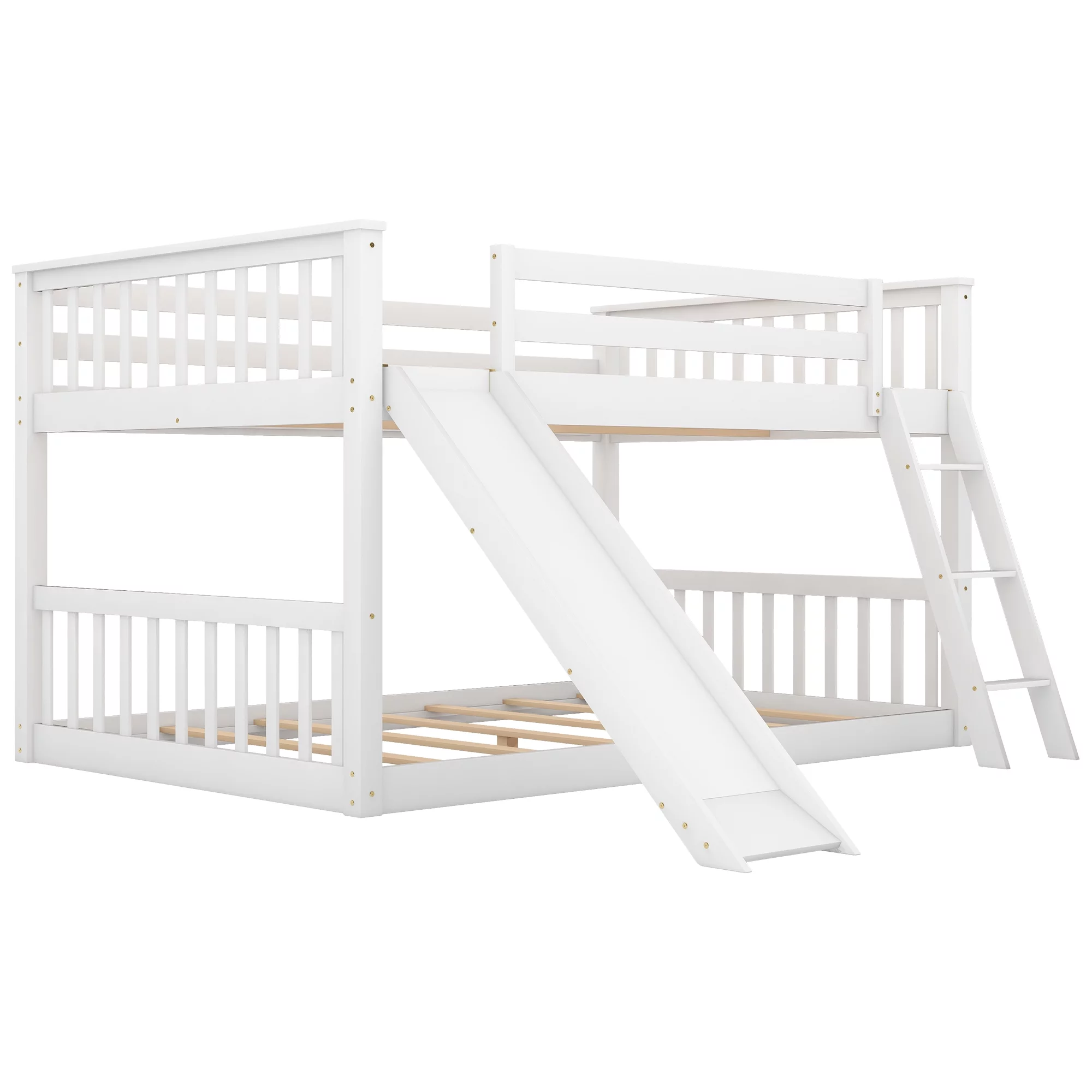 Hombay Low Full Over Full Bunk Bed with Convertible Slide and Ladder, Wood Slat Bed Frame for Child Kids