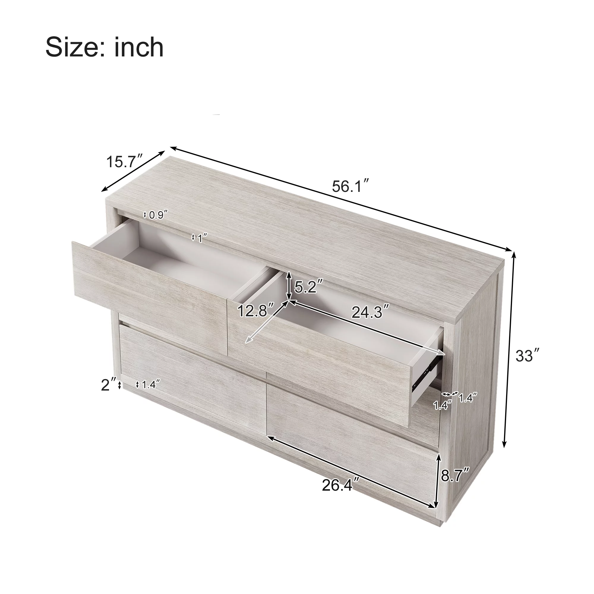 Modern Style Soild Wood 6-Drawer Dresser for Bedroom, Living Room, Stone Gray