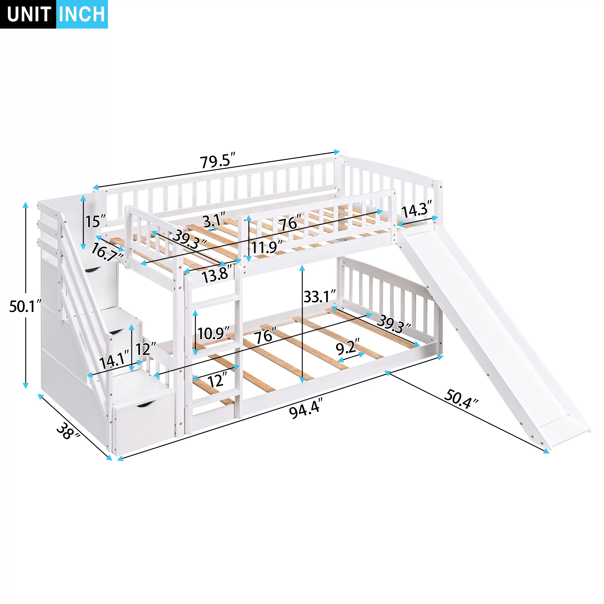 Bellemave Kids Twin Bunk Bed Frame with Slide, Twin over Twin Low Bunk Bed with Stairs and Storage Drawers, Wood Bunk Bed With Slide For Toddlers, Kids, Teens (White)