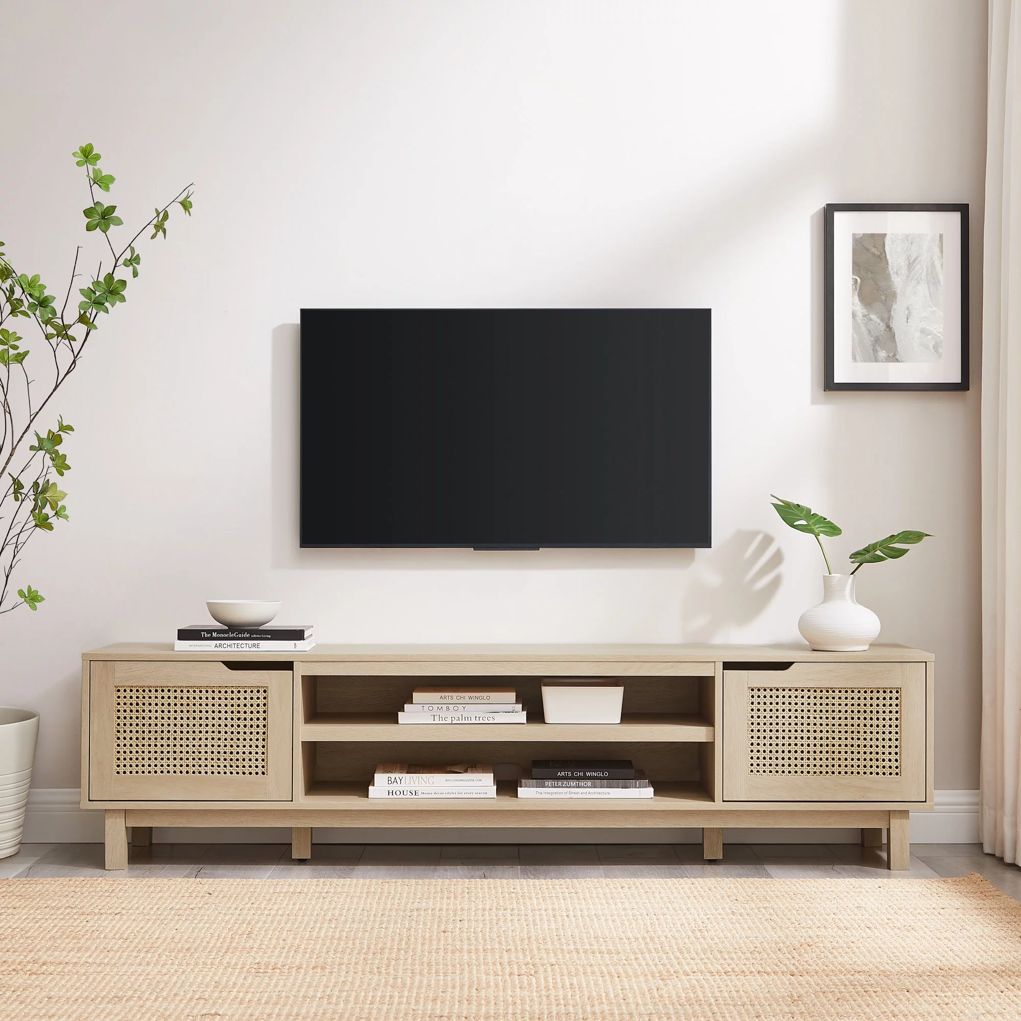 Walker Edison Boho 2-Door Rattan TV Stand for TVs up to 80”, Coastal Oak