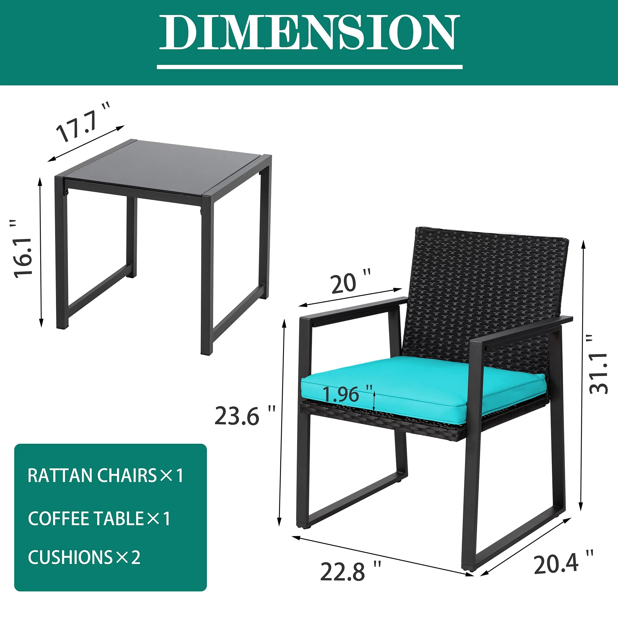 3 Piece Patio Bistro Sets, Outdoor Rattan Chairs & Black Wicker Furniture Conversation Set Blue