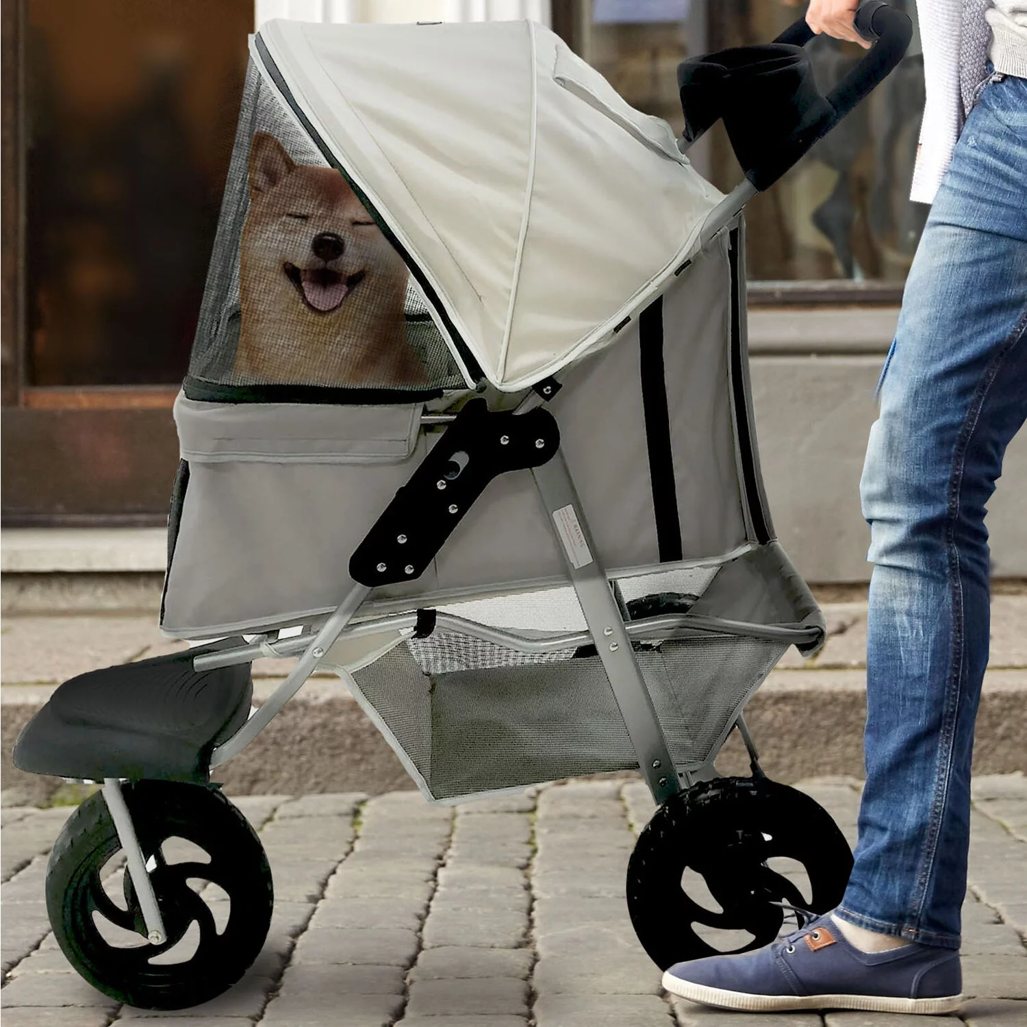 Critter Sitters Light Grey 4-Wheel Pet Stroller for Medium/Large Sized Dogs, Cats with Scratch Resistant Breathable Mesh Windows and Safety Leash | Storage Basket | Cup Holders | Lockable Wheels