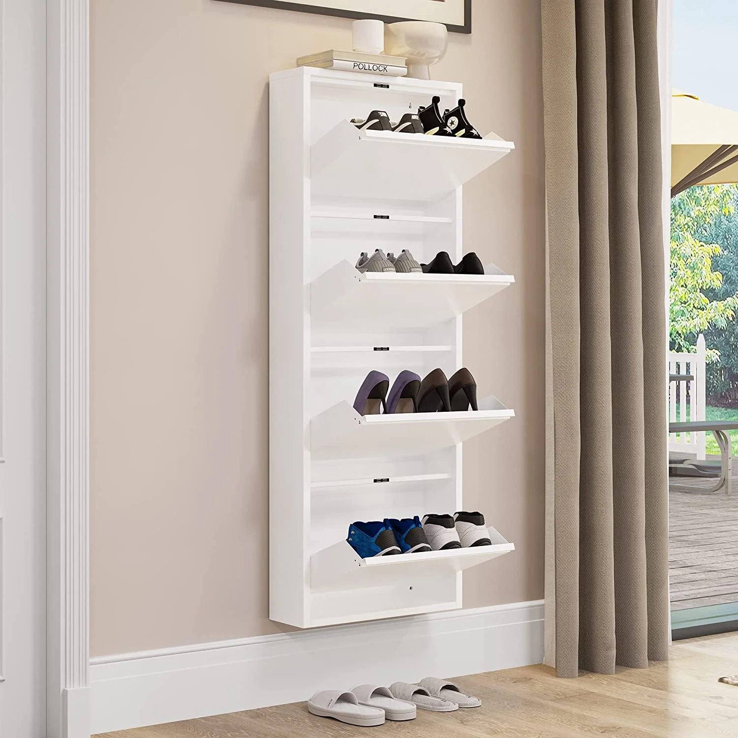 YITAHOME Metal Shoe Cabinet with 4 Flip Drawers, Wall Mounted & No-Assembly Steel Shoe Storage Cabinet, Steel Cabinet with Magnetic Gooseneck Drawer for Entryway, Hallway, and Corridor