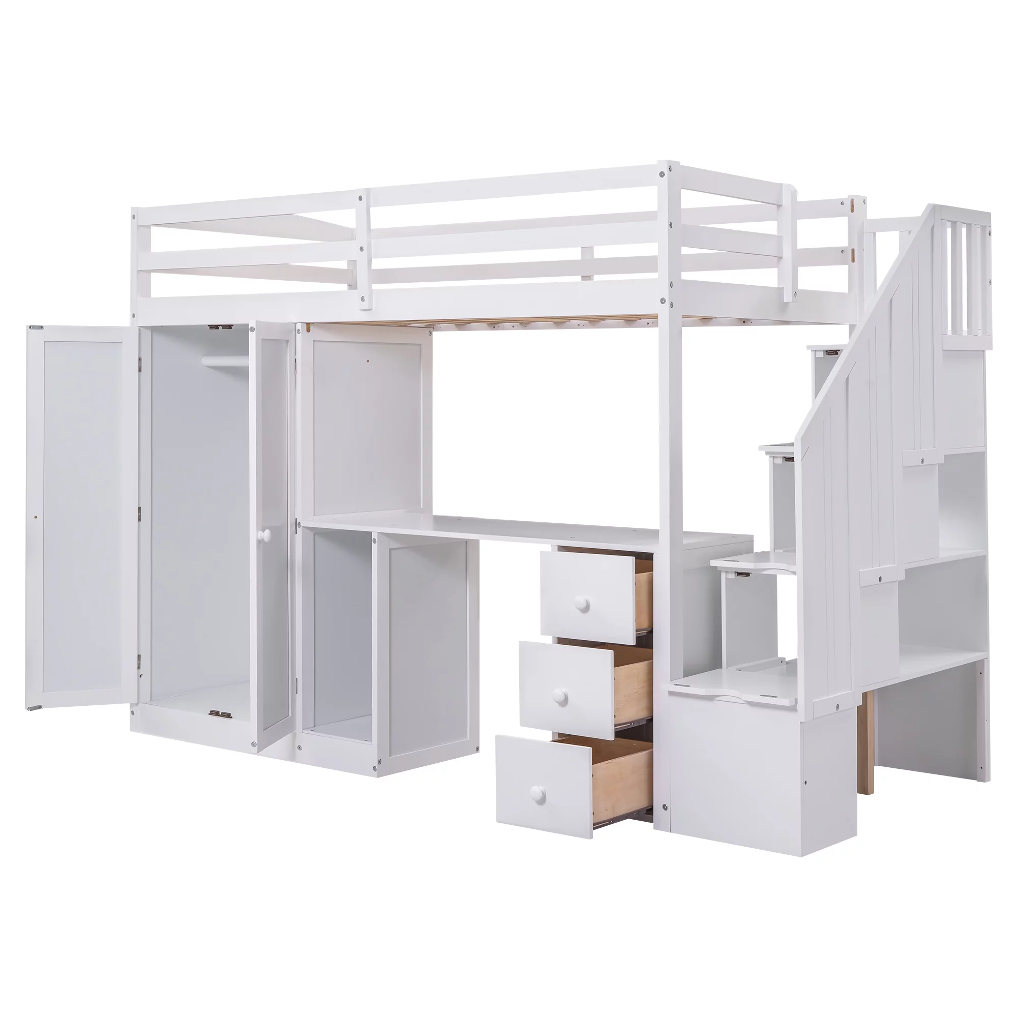 Euroco Twin Size Pine Wood Loft Bed with Desk, Drawers and Wardrobe for Kids Room, Storage Staircase, Sapce-Saving Shelf, White