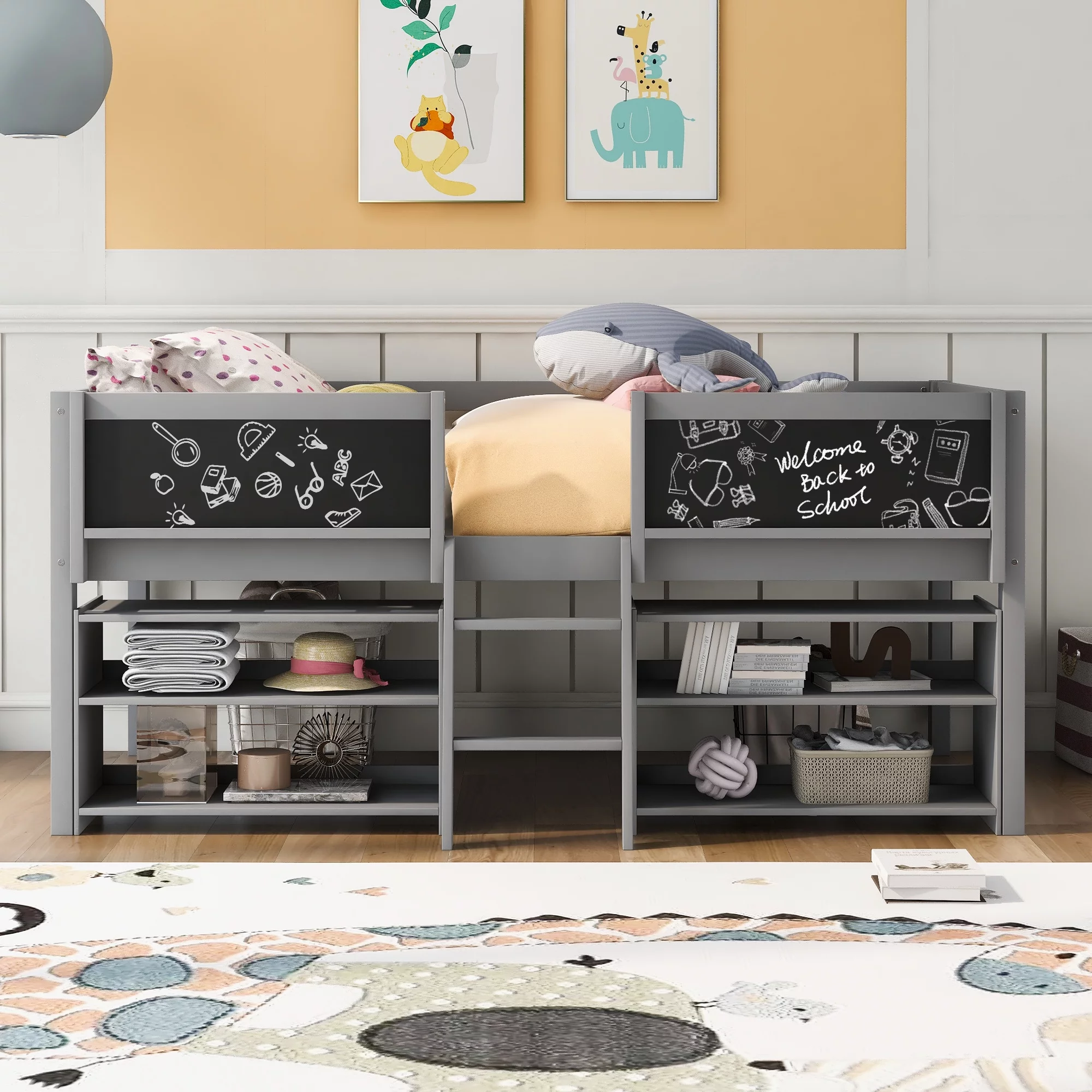 Loft Bed with Two Movable Shelves and Ladder, House Loft Beds Twin Size with Full-Length Safety Bed, Decorative Guardrail Chalkboard for Kids Toddlers Girls/Boys