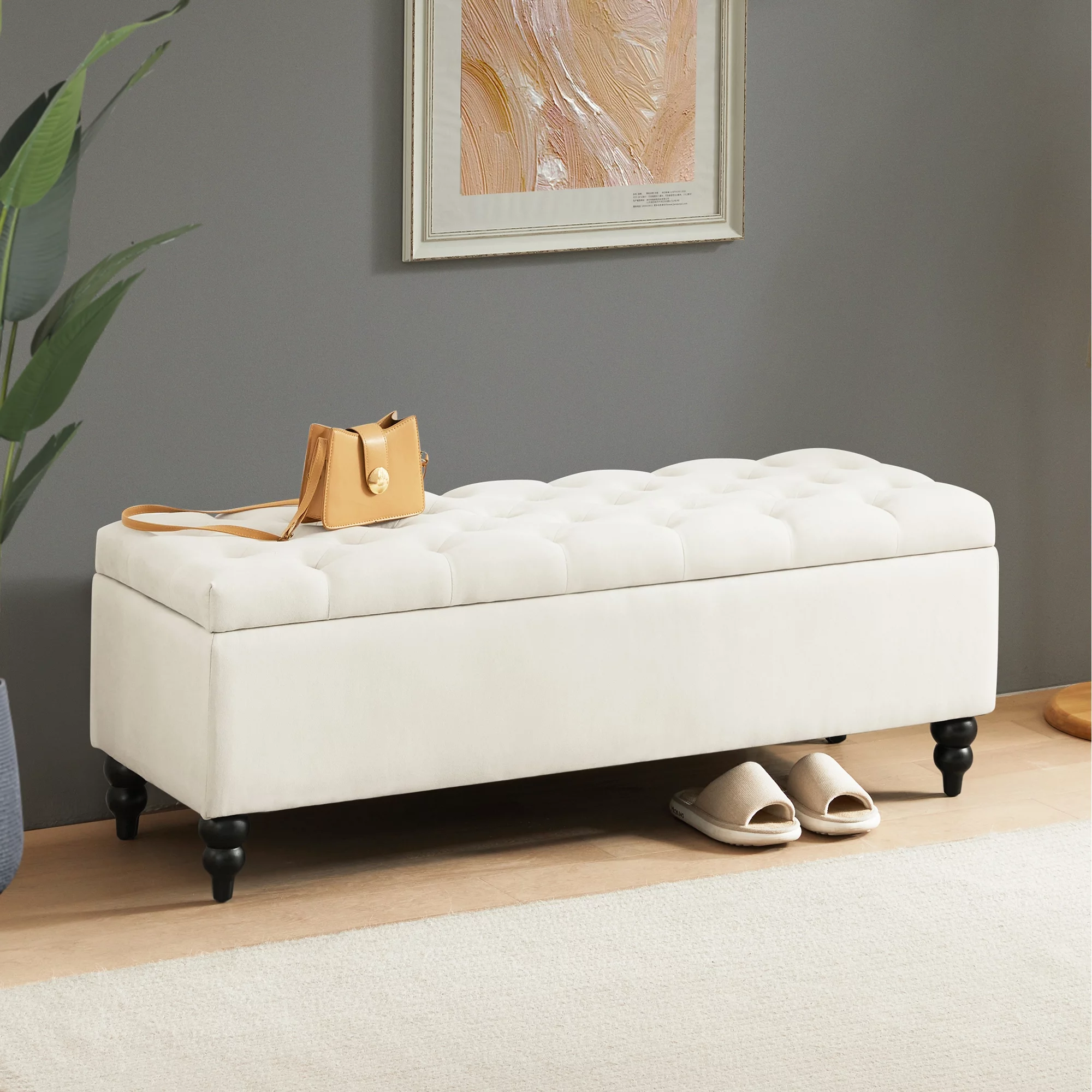 Storage Ottoman Bench, 50.2 Inches Upholstered Fabric Storage Ottoman Bench, Button Tufted Ottoman with Large Storage, End of Bed Bench, for Living Room, Entryway, Bedroom (Ivory)