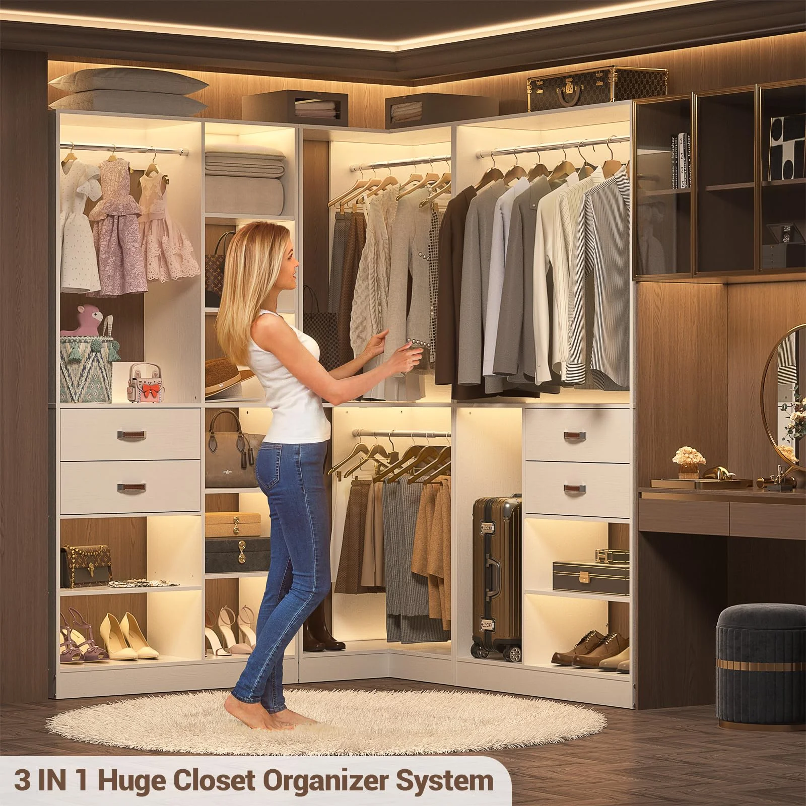 Homieasy Freestanding Closet System with 3 Sets, 110'' Reversible Stand-alone Wardrobe, 80'' Height Cloth Garment Organizer, Walk-in Closet with Hanging Rod, 71