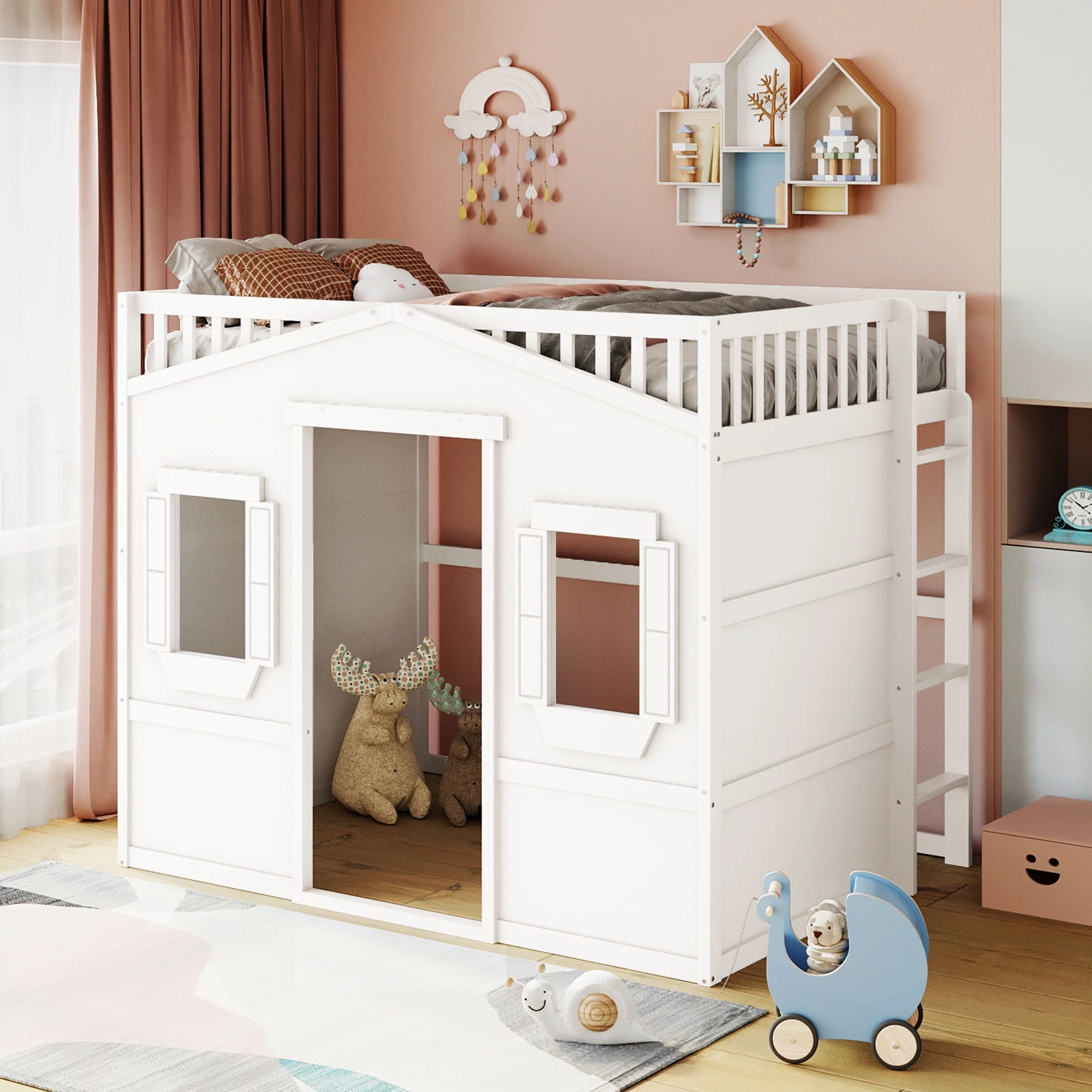 Royard Oaktree Twin Size House Loft Bed with Under-bed Playhouse, Window, and Wall, Wood Loft Bed Frame with Guardrail and Ladder for Kids Boys Girls Teens, White