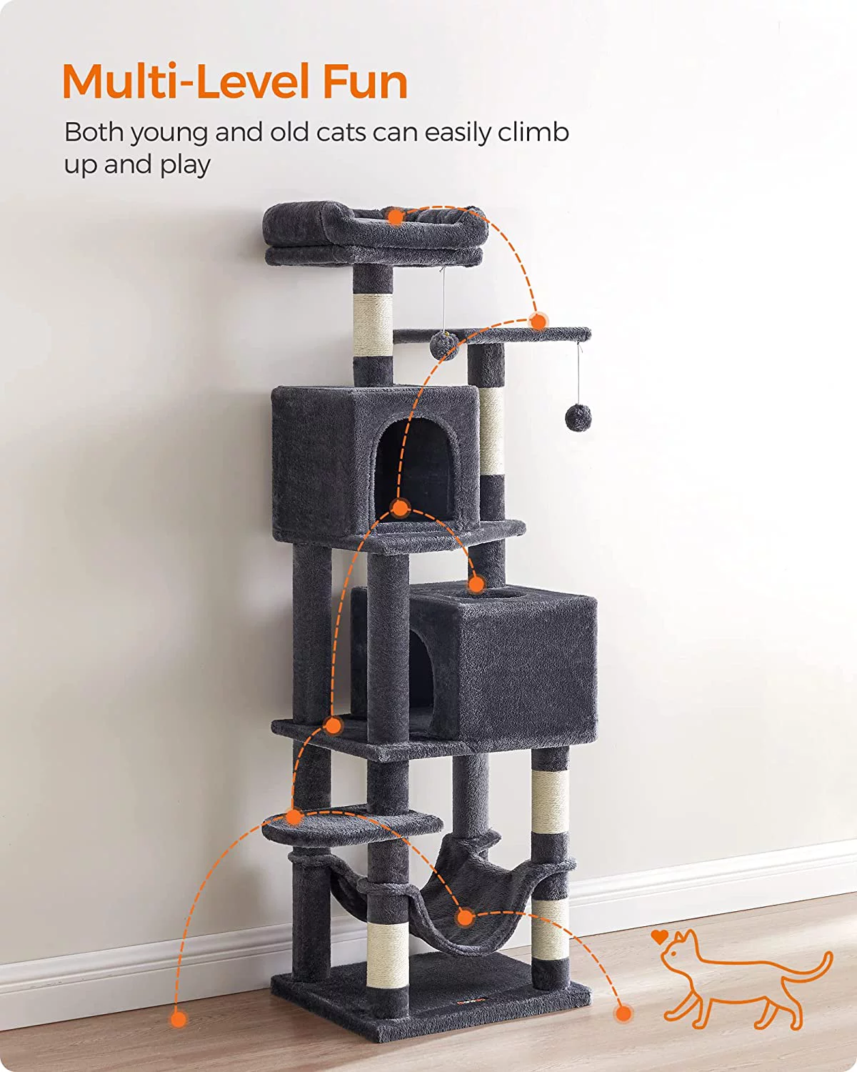 Feandrea Cat Tree, 61-Inch Cat Tower for Indoor Cats, Plush Multi-Level Cat Condo with 5 Scratching Posts, 2 Perches, 2 Caves, Hammock, 2 Pompoms, Light Gray UPCT192W01