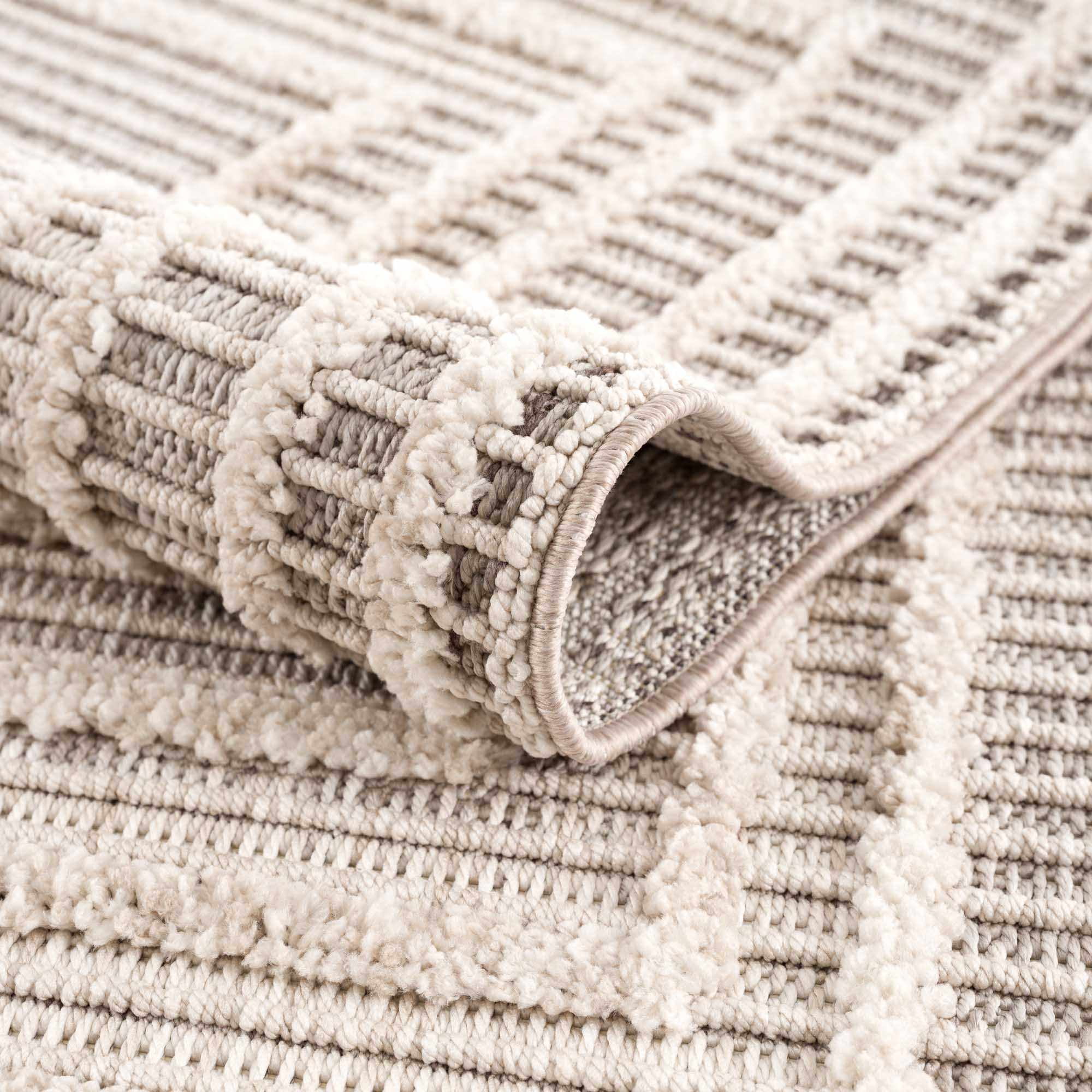 Hauteloom Lunao Farmhouse Living Room Bedroom Moroccan Square Pattern Abstract Area Rug - Soft Shaggy High Low Carpet - High Pile - Bohemian, Boho - Gray, Brown, Beige, Cream - 7'10