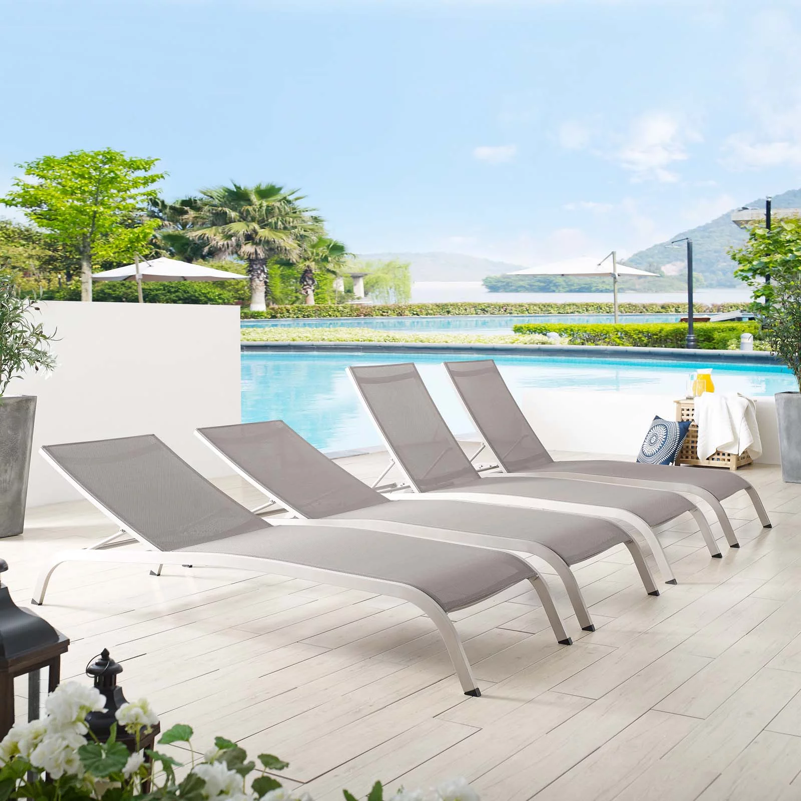 Lounge Chair Chaise, Set of 4, Aluminum, Metal, Steel, Grey Gray, Modern Contemporary Urban Design, Outdoor Patio Balcony Cafe Bistro Garden Furniture Hotel Hospitality