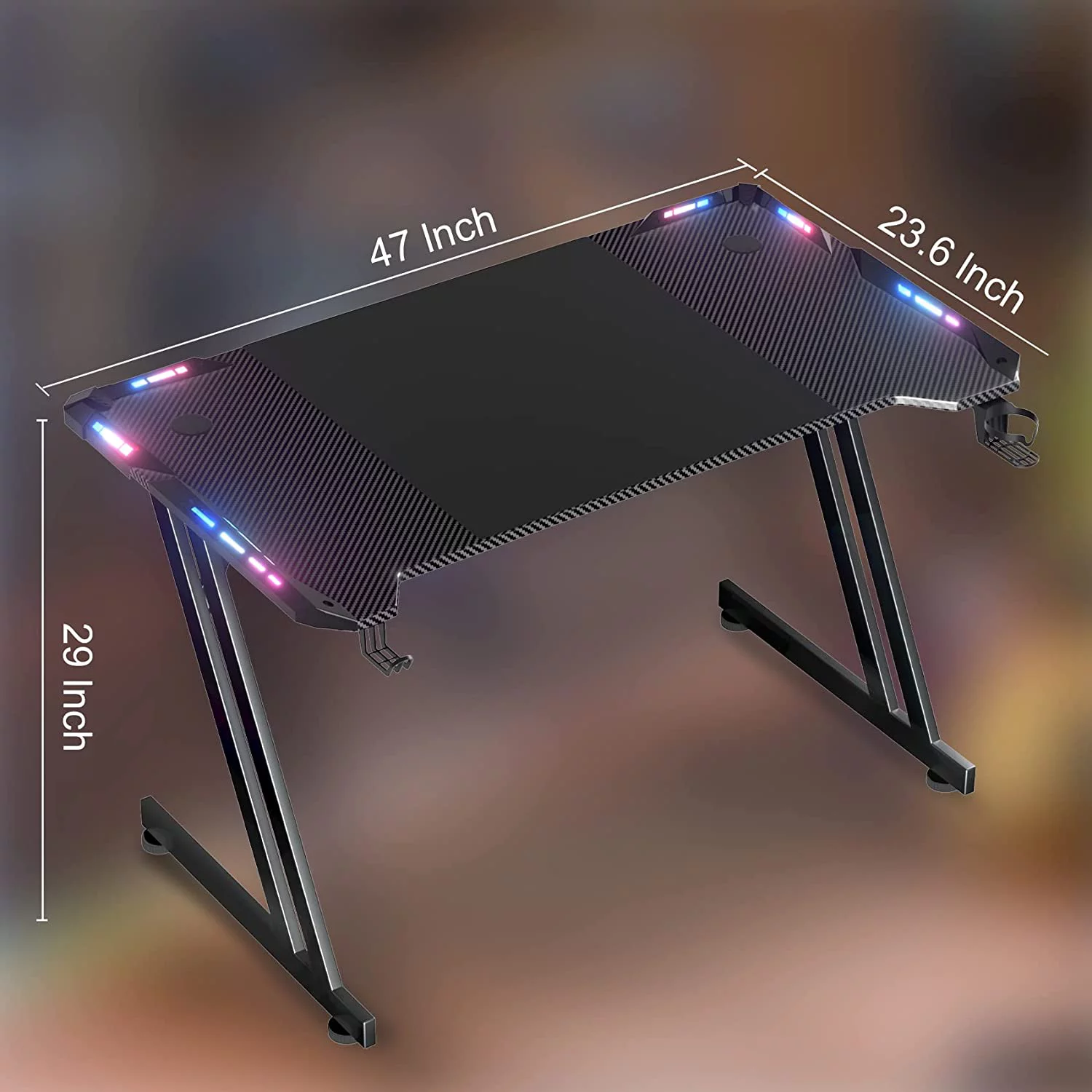 HLDIRECT 47 Inch Gaming Desk with LED Lights Carbon Fibre Surface Gaming Table Large Computer Desk Ergonomic Home Office Desks Z Shaped PC Gamer Workstations with Cup Holder & Headphone Hook Black