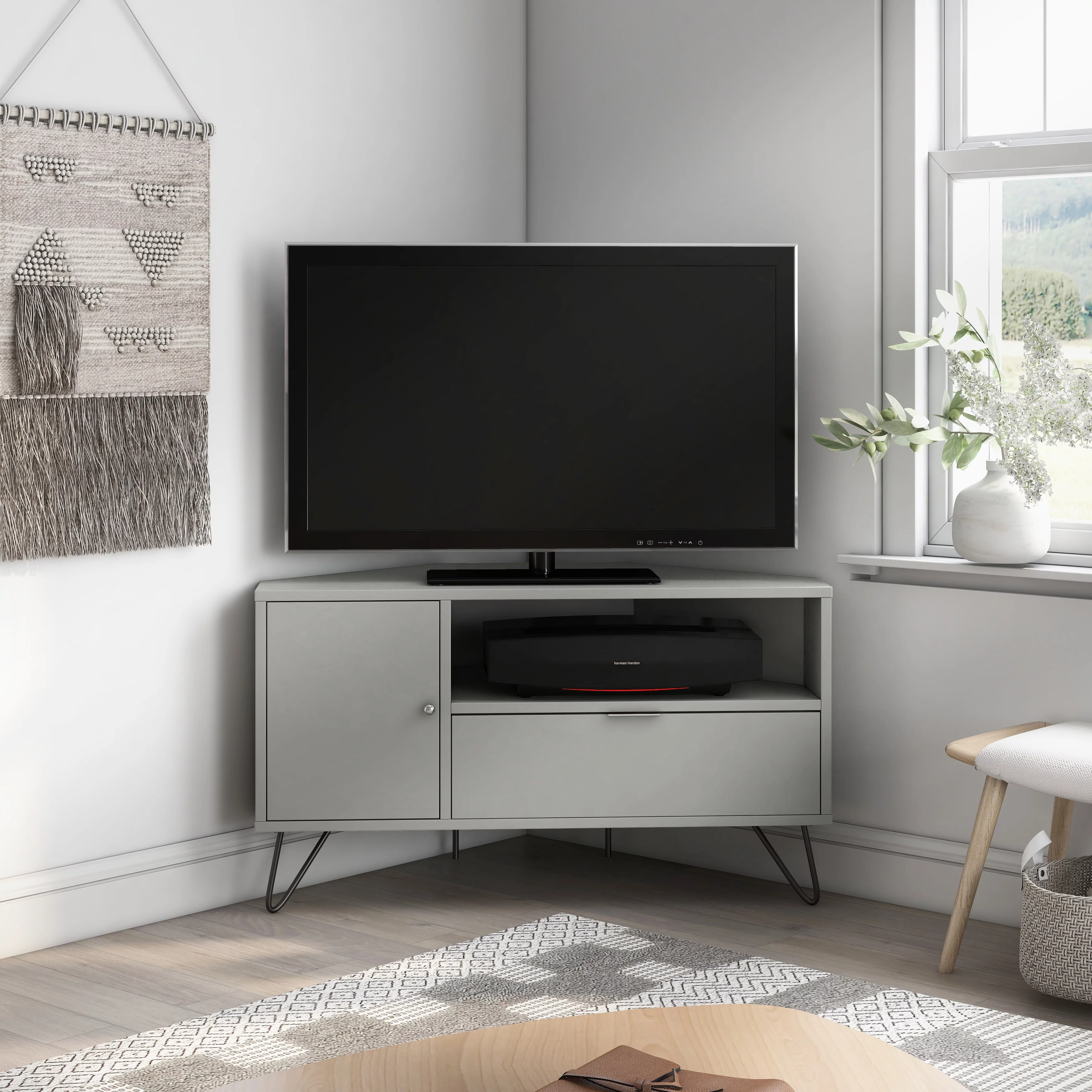 Furniture of America Talley Mid-Century Modern 41-inch 1-Open Shelf Corner TV Console by  Navy Mid-Century Modern, Preppy