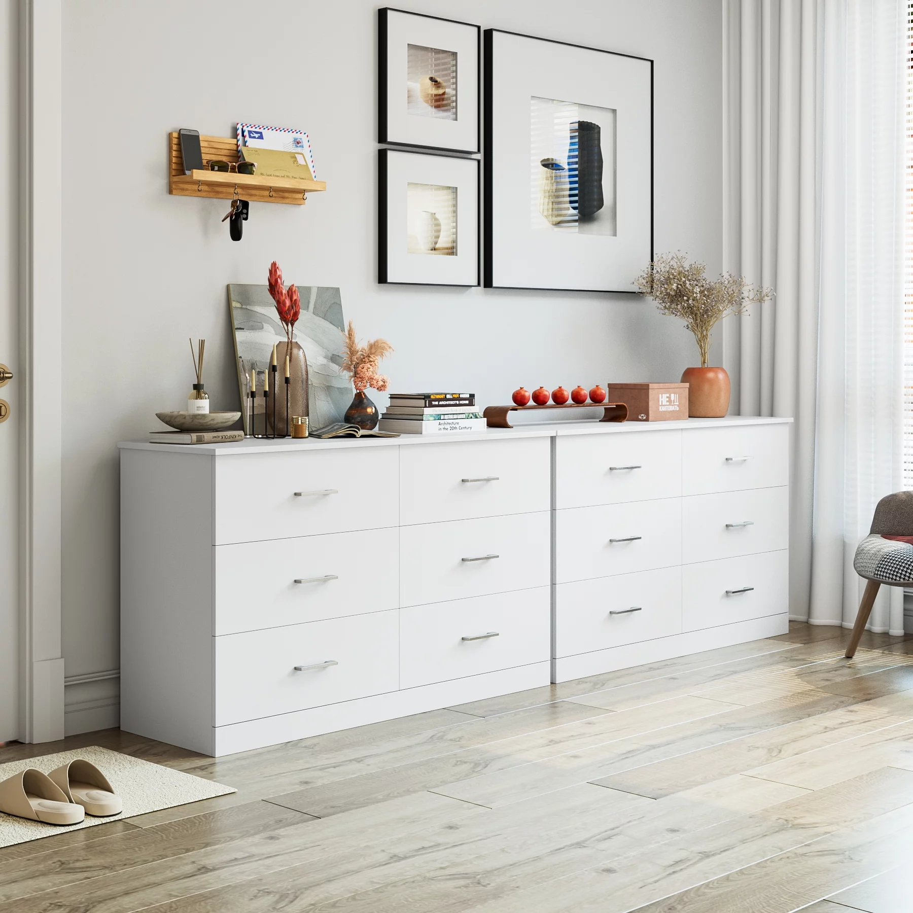 Homfa 6 Drawer White Double Dresser, Modern Wood Chest of Drawers with Metal Handles for Bedroom