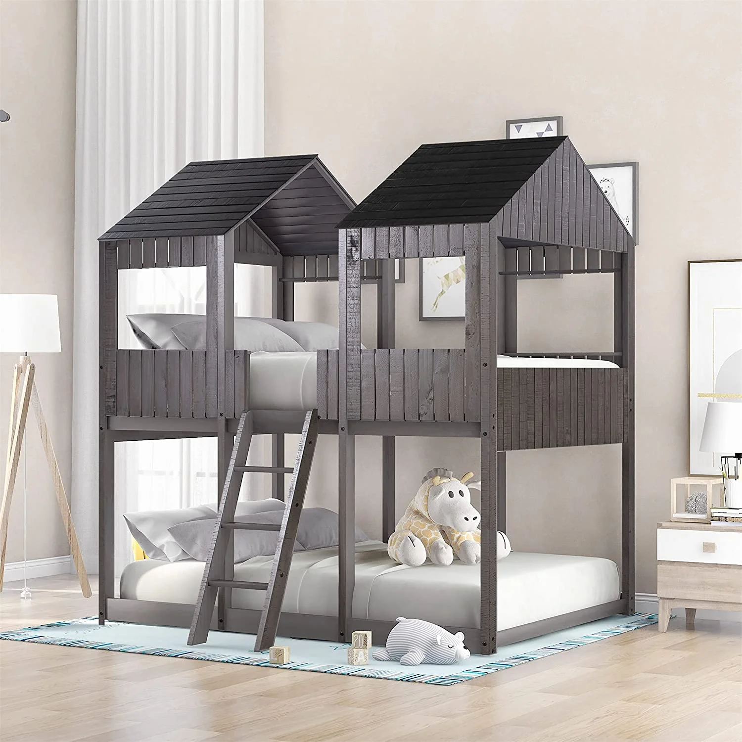 House Bed For Kids,Full Over Full House Bunk Bed With Roof, Window, Wood Full Size House Bed For Toddler, Teens, Girls, Boys,No Box Spring Needed,Antique Gray