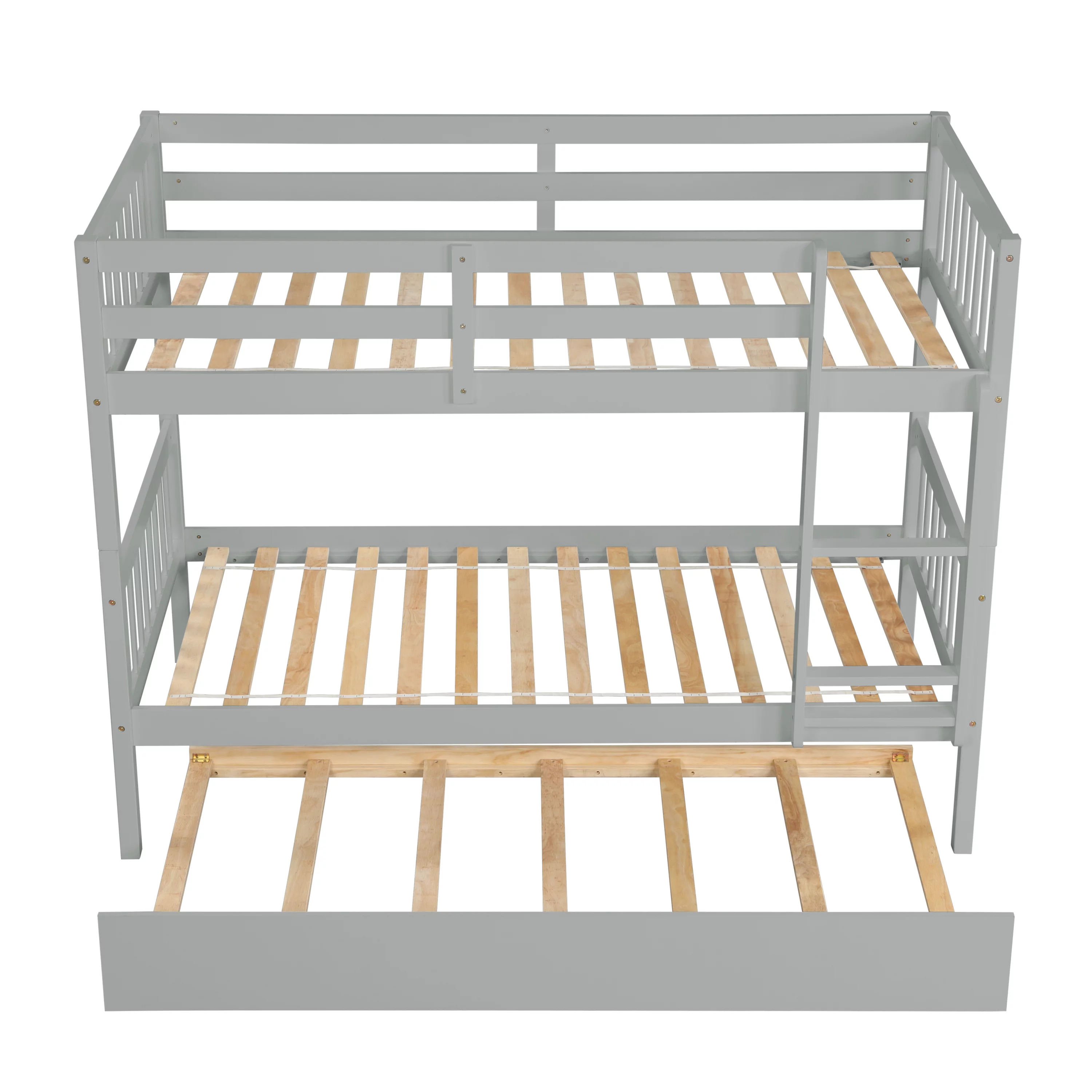 Bellemave Twin over Twin Bunk Bed with Trundle, Convertible Wood Bunk Bed with Ladder and Guardrails for 3 Kids, Teens, No Box Spring Needed (Gray)