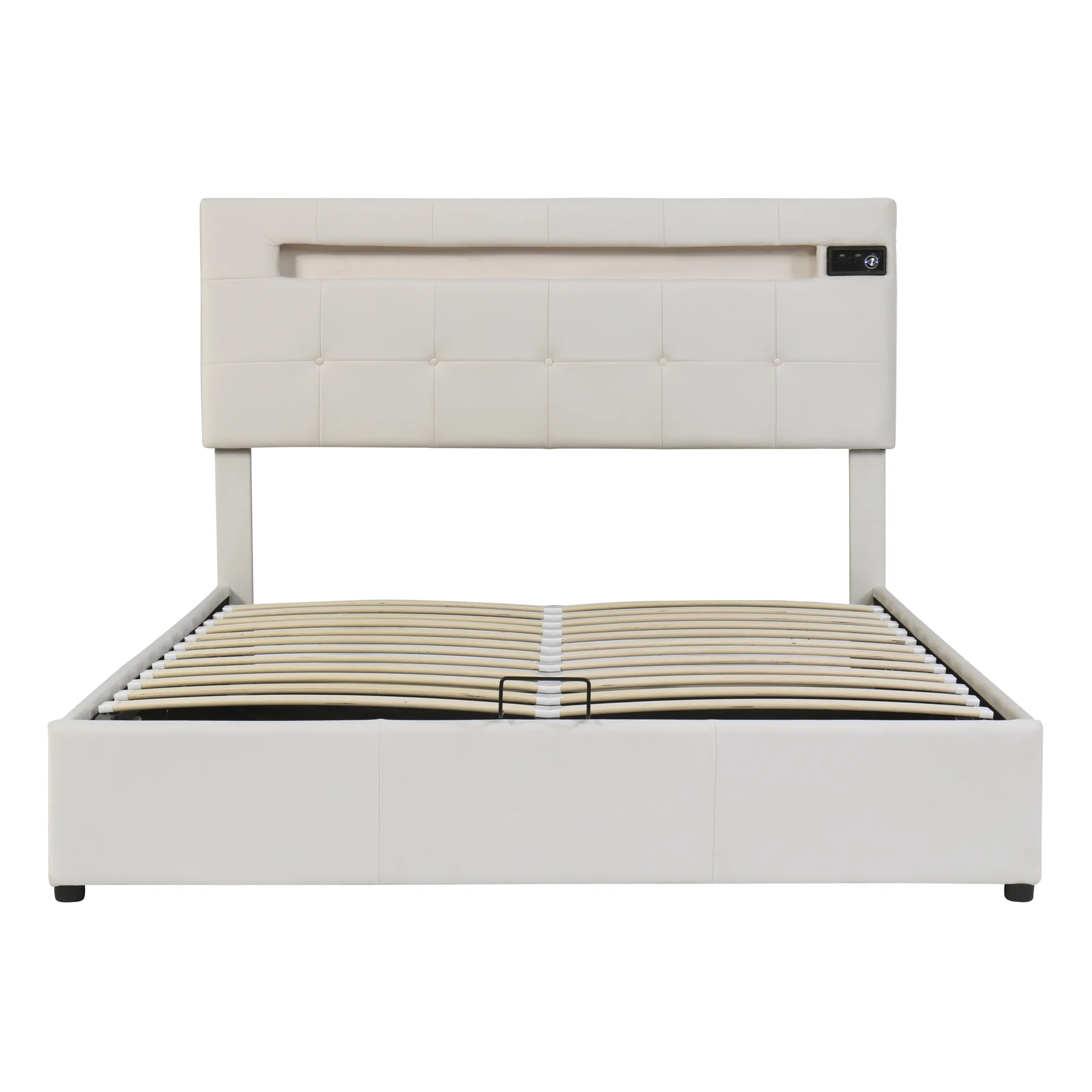 Churanty Full Size Upholstered Bed with LED Light and Integrated Bluetooth Audio System, Modern Platform Bed with Hydraulic Storage System and USB Port, Velvet , Beige