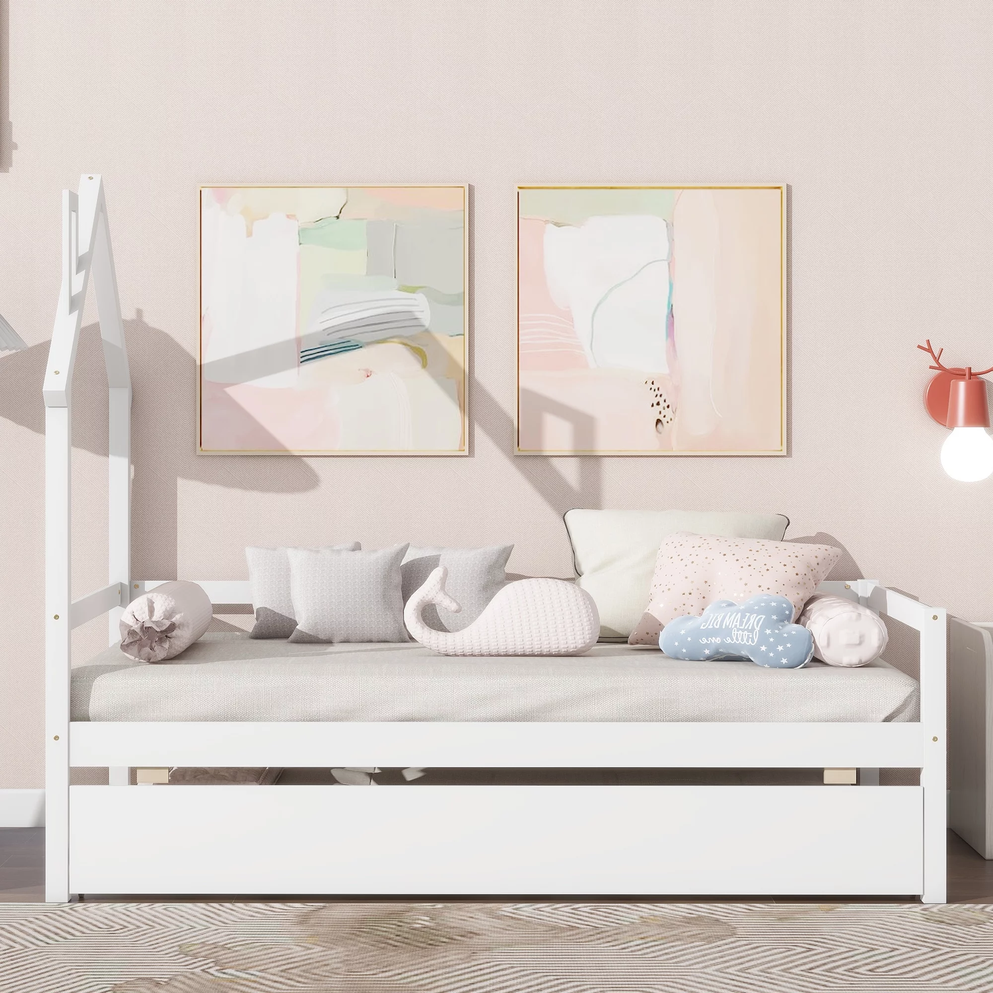 Bellemave Twin Size Daybed Bed with Trundle and House-shaped Headboard Twin Wood Platform Bed Frame with Guardrails Montessori House Bed for Kids, Toddlers, Boys, Girls, White