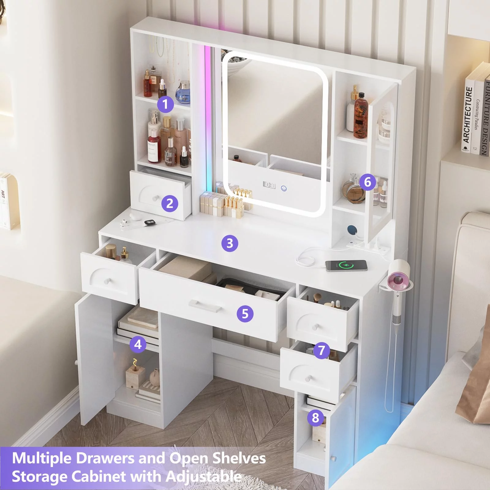 VEANERWOOD White Vanity Desk with Mirror and Lights, Makeup Vanity with RGB Lights and Power Strip, Makeup Desk Vanity Table with 5 Drawers Lots Storage & Time Display,41.3in(L)