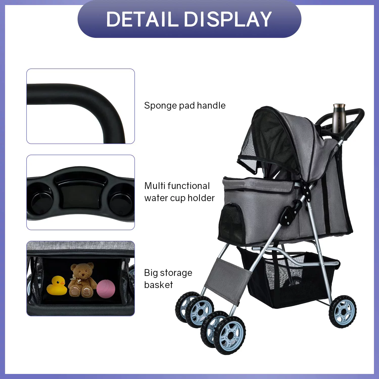 YRLLENSDAN 4 Wheels Pet Stroller for Medium Dogs, Dog Stroller Small Dogs with Cup Holder Foldable Pet Gear Pet Carriers with Wheels Cat Stroller