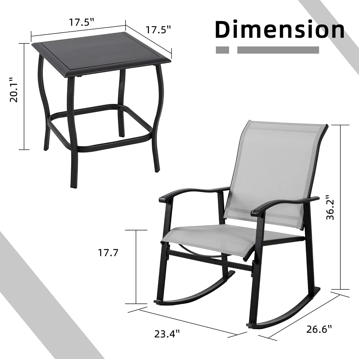 Vongrasig 3 Piece Outdoor Rocking Bistro Set, Textilene Fabric Small Patio Furniture Set, Front Porch Rocker Chairs Conversation Set with Glass Table for Lawn, Garden, Balcony, Poolside (White)