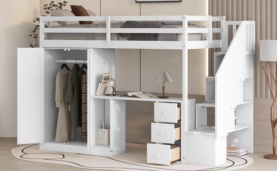 Euroco Twin Size Pine Wood Loft Bed with Desk, Drawers and Wardrobe for Kids Room, Storage Staircase, Sapce-Saving Shelf, White