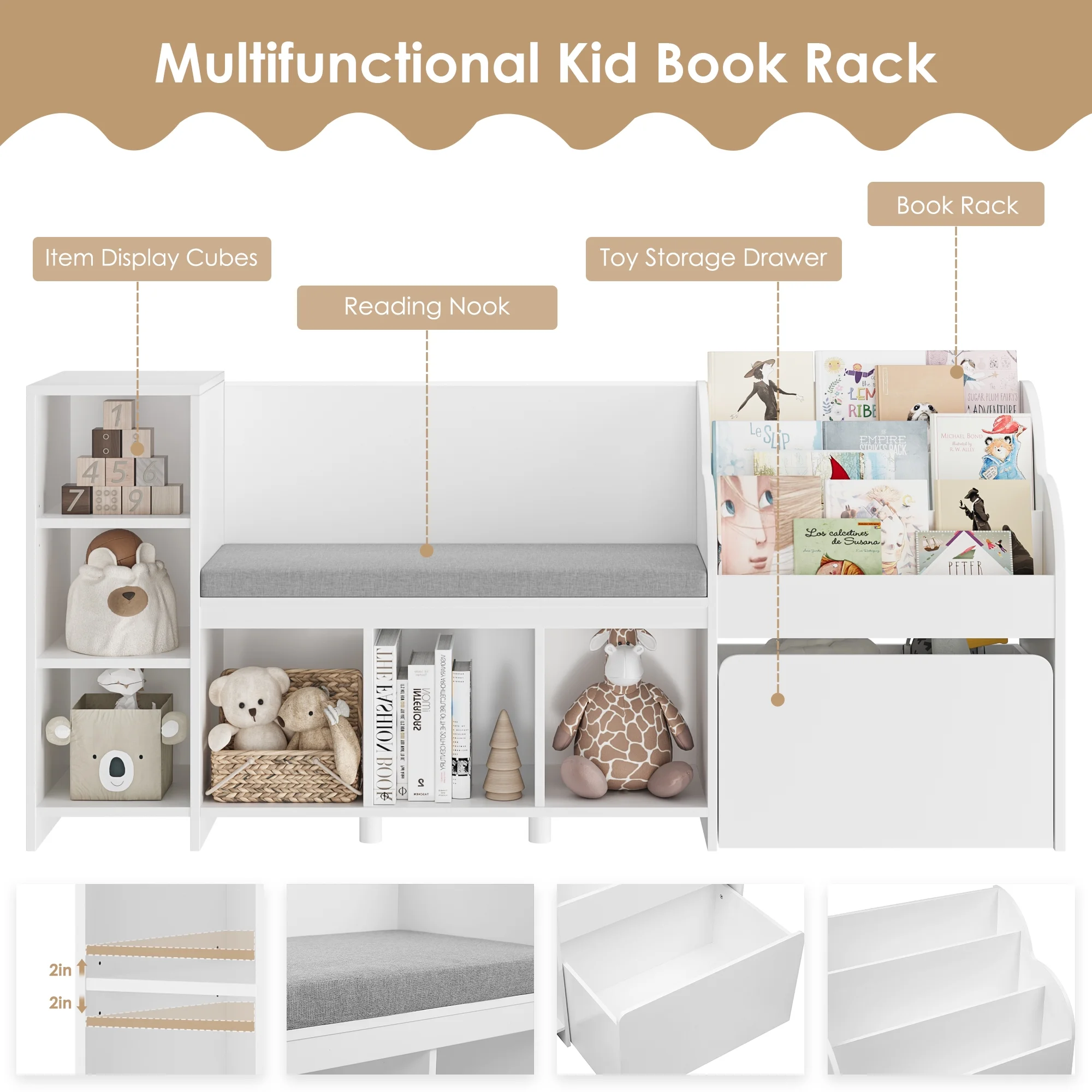 Homfa Kids Bookshelf with Reading Nook, 6 Shelf Bookcase with 1 Wood Toy Bin with 3 Tier Book Rack for Children Kidsroom