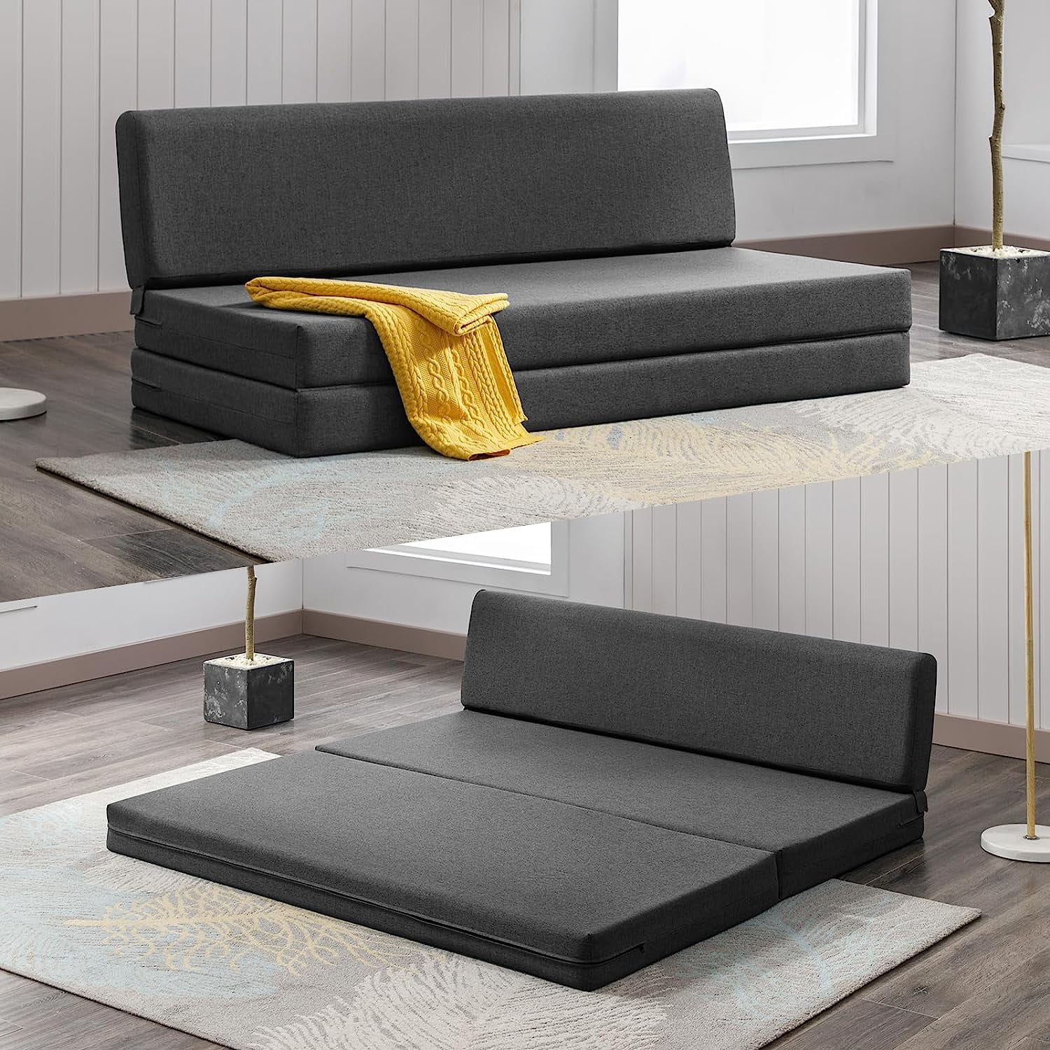 ZAFLY Twin Size Folding Sofa Bed, Futon Couch Bed Foldable, Sleeper Sofa Chair Guest Bed, Folding Foam Mattress, Upholstered Convertible Floor Mattress for Living Room/Apartment(Twin Size, Dark Grey)
