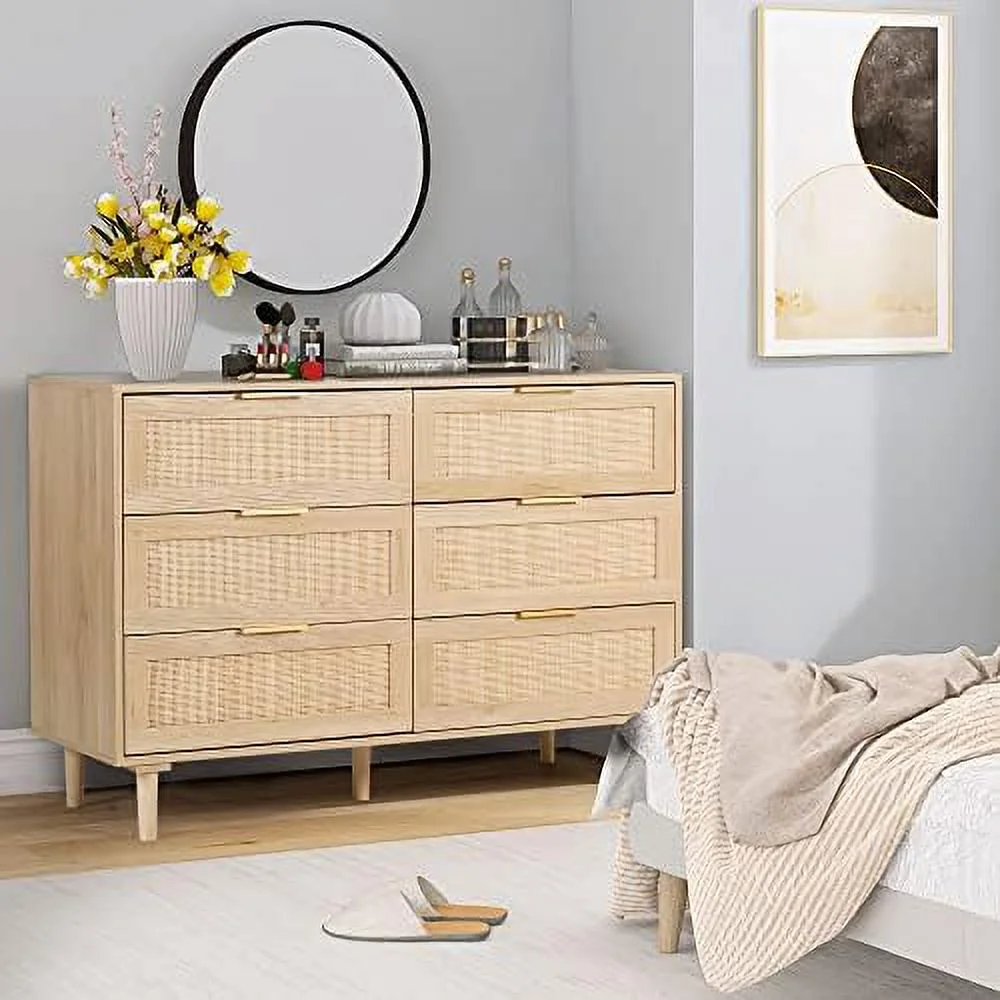 6 Drawer Dresser Rattan Dresser  Chest with Drawers Wood  Closet Dressers Chest of Drawers for Bedroom Living Room Hallway (Natural)
