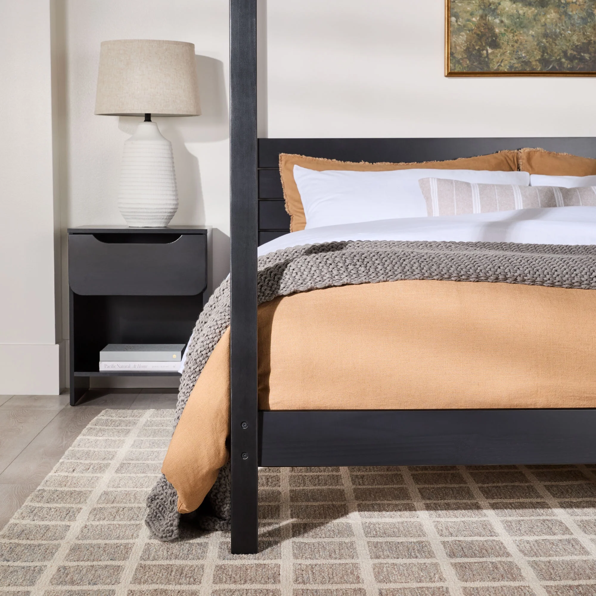 Walker Edison Minimalist Solid Wood King-Size Canopy Bedframe, Black