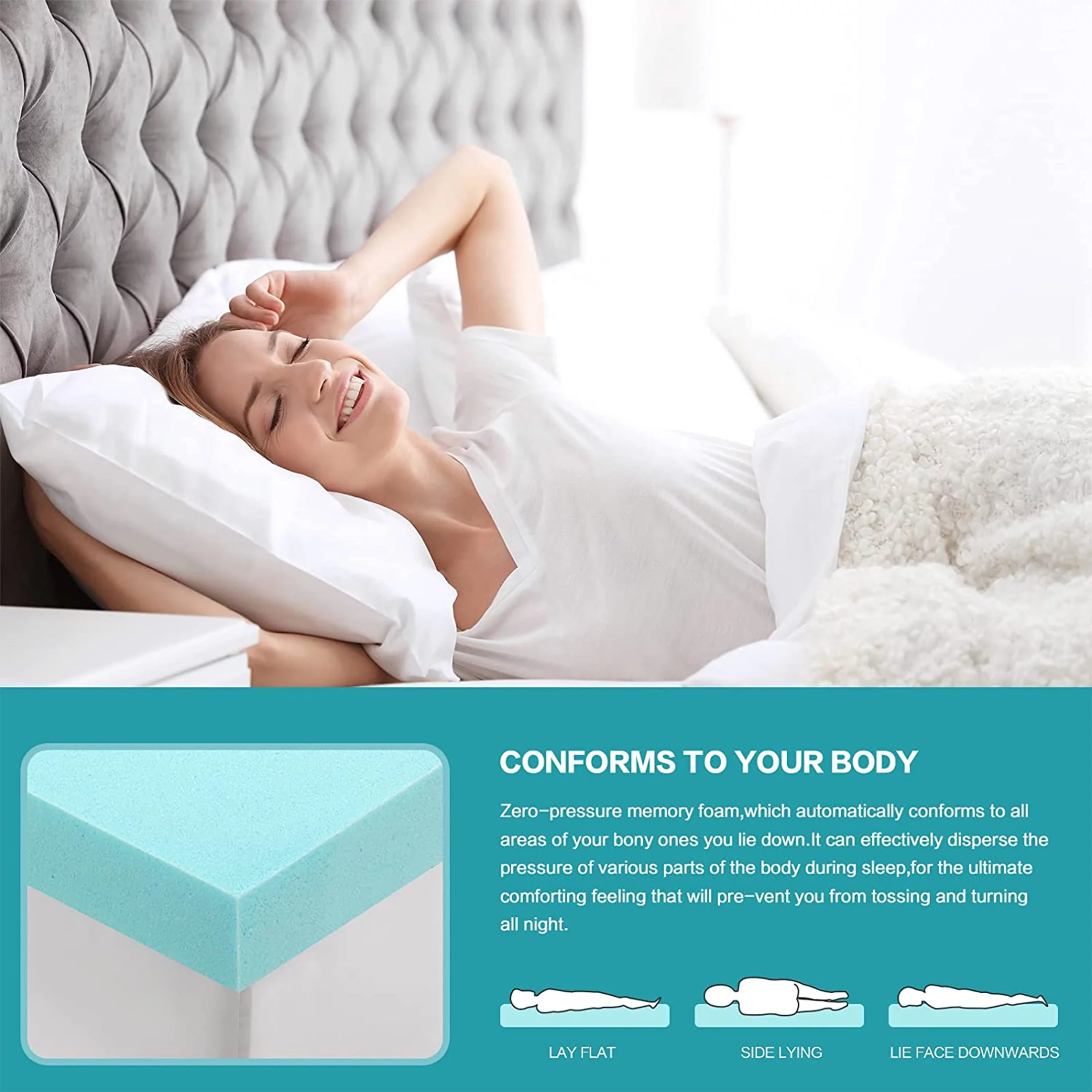 INGALIK 3 Inch Gel Memory Foam Mattress Topper Queen Size, Mattress Pad Cover for Pressure Relief, Bed Topper with Removable Rayon Made from Bamboo Cover, Soft & Breathable, White