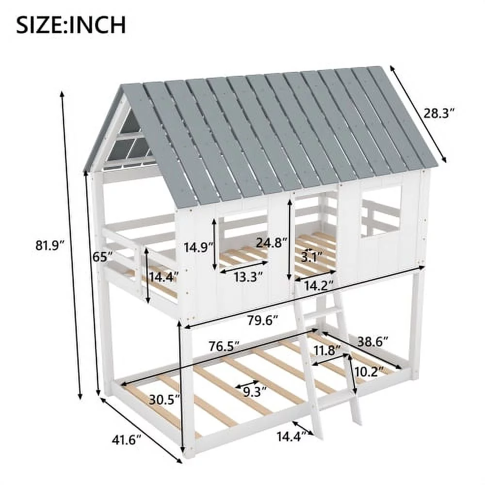 Saim House Bunk Beds with Slide, 79.6 Inches Long * 41.6 Inches Wide and 81.9 Inches High, Kids Bunk Bed with Roof, Slide Bunk Beds with Ladder for Girls, Boys, White White