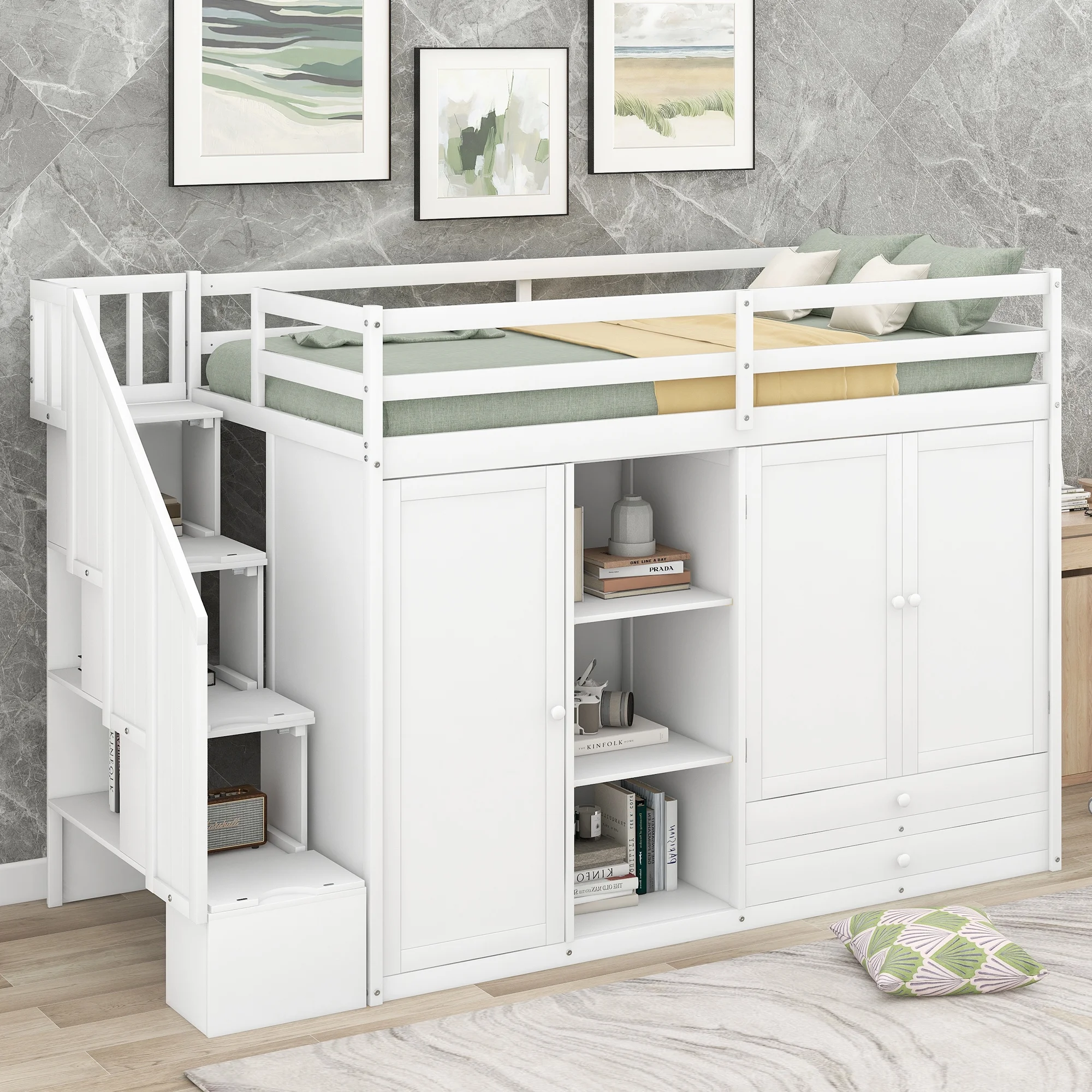 Functional Twin Wood Loft Bed with 3 Shelves, 2 Wardrobes and 2 Drawers, Ladder with Storage, Staircase, Loft Bed with Shelves, Loft Twin Bed for Teenagers, Multiple Functions Bed(White)