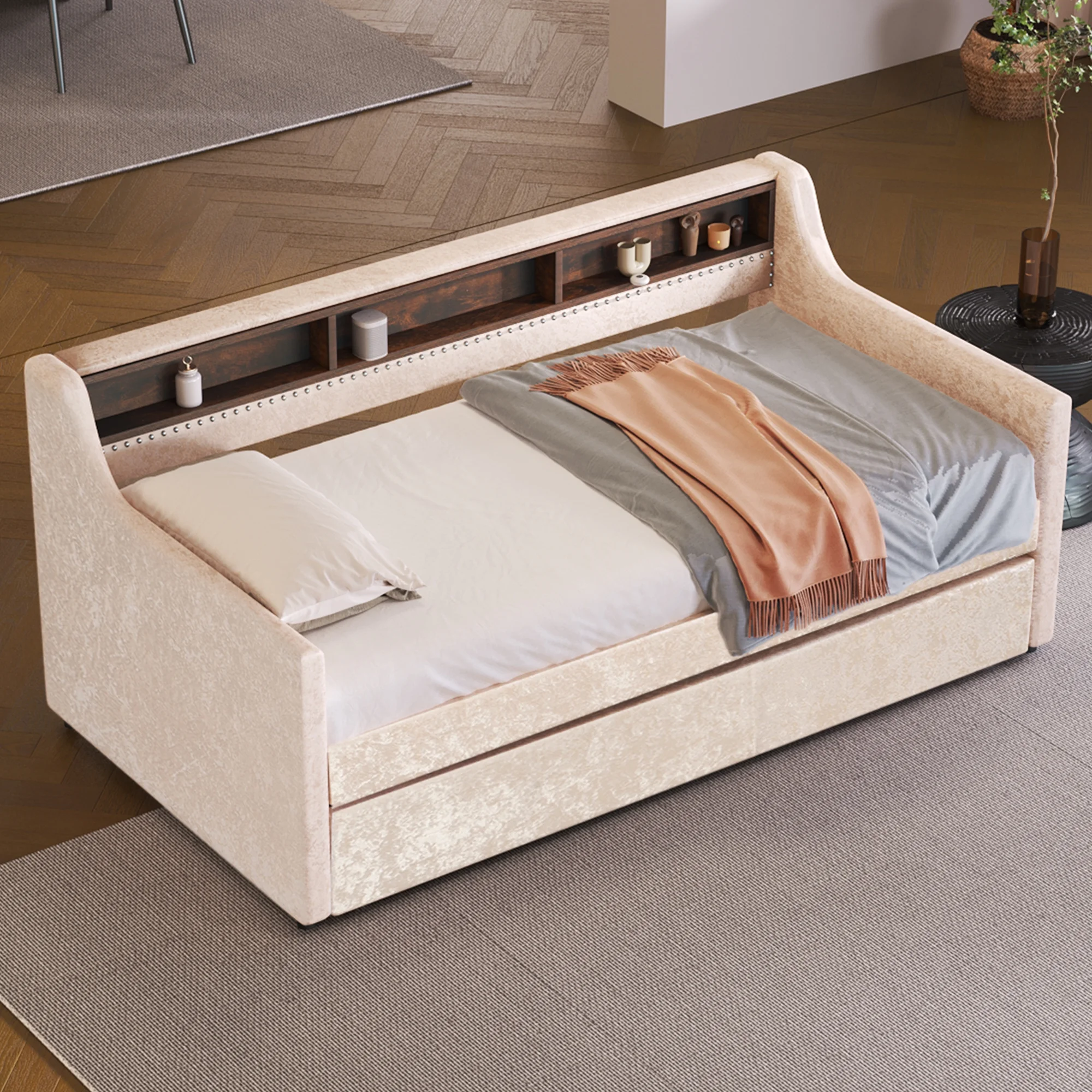 Churanty Twin Size Upholstered Daybed with Trundle and Built-in Storage Shelves, Snowflake Velvet Sofa Bed Wood Day Bed Frame for Bedroom Living Room Guest Room, Beige