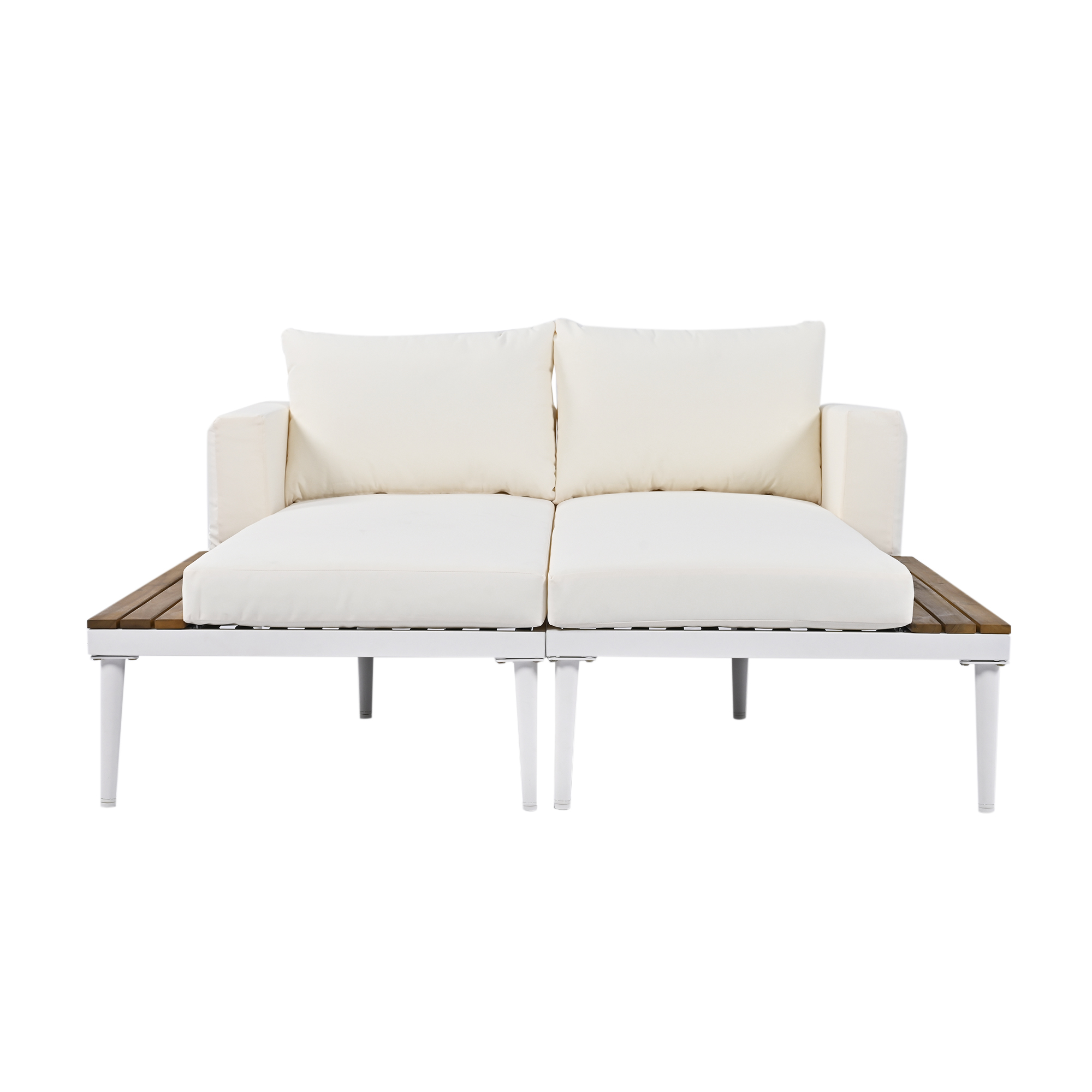 Highsound 2 in 1 Outdoor Daybed, Modern Stylish Patio Metal Daybed with Wood Topped Side Spaces for Drinks, Padded Chaise Lounges for Poolside, Balcony, Deck, Beige