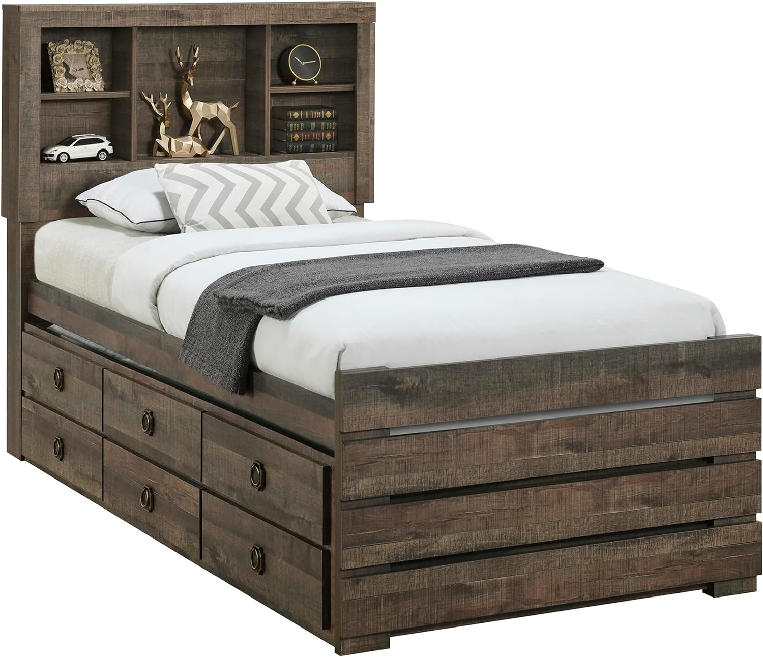 Farmhouse Style Twin Size Captain Platform Bed with Trundle,Wooden Bookcase Bedframe with 3 Spacious Under Bed Drawers in Casual for Bedroom/Guestroom