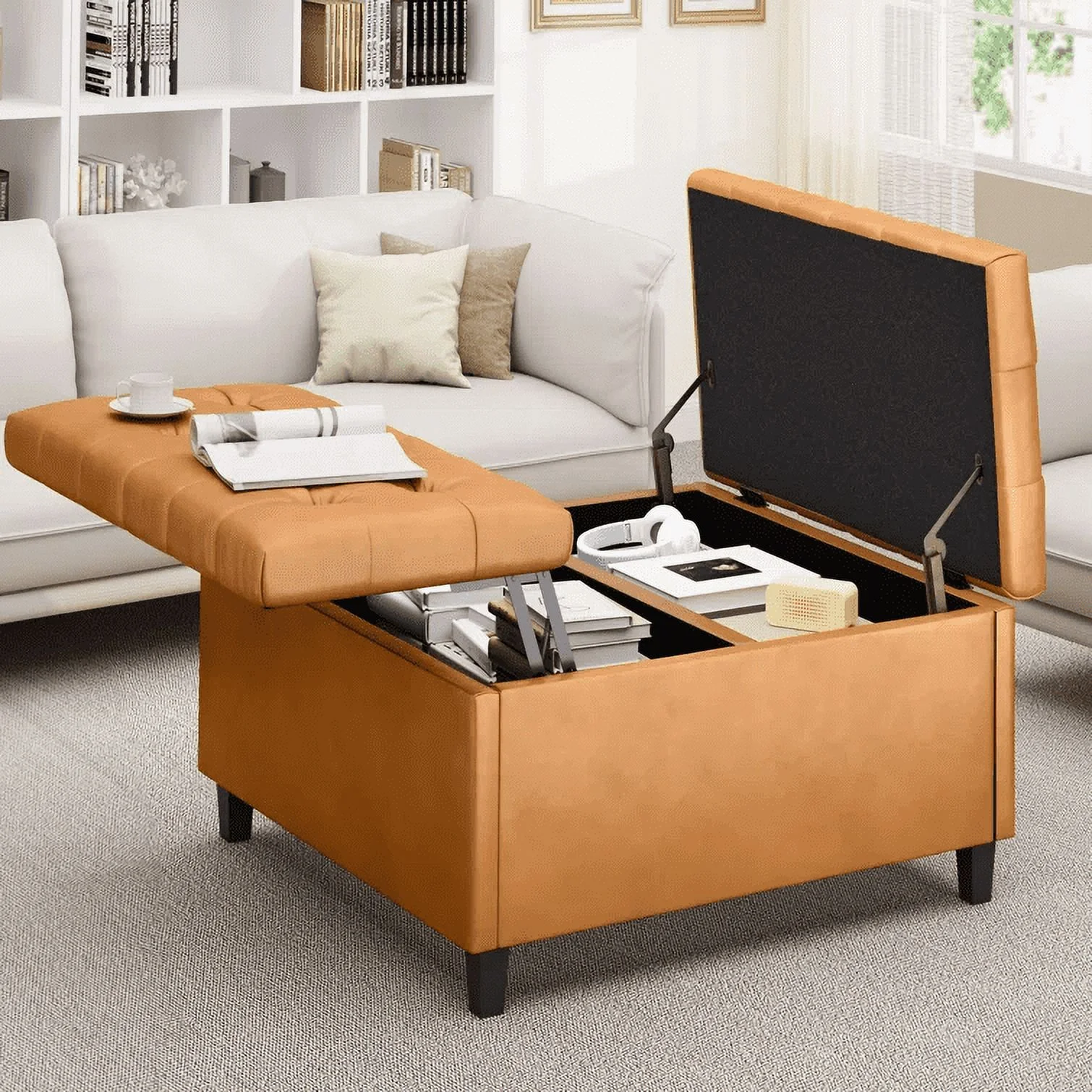 Dextrus 16.14''H Coffee Table Square Storage Ottoman, Brown Faux Leather
