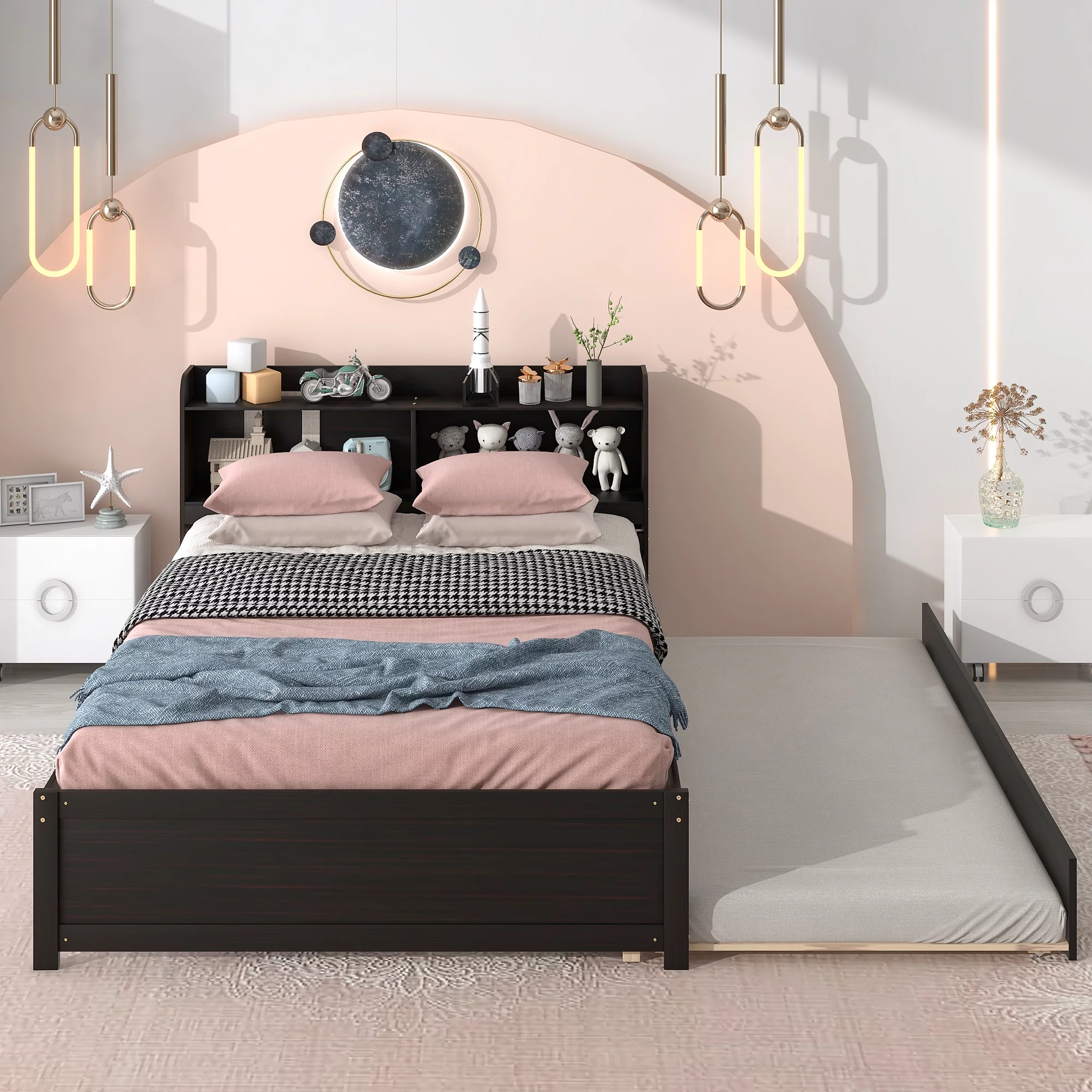 uhomepro Full Bed Frame with Bookcase Headboard and Trundle, Upgrade Pine Wood Platform Bed Frame for Kids, Modern Kids Bed Furniture for Bedroom, No Box Spring Needed, Espresso